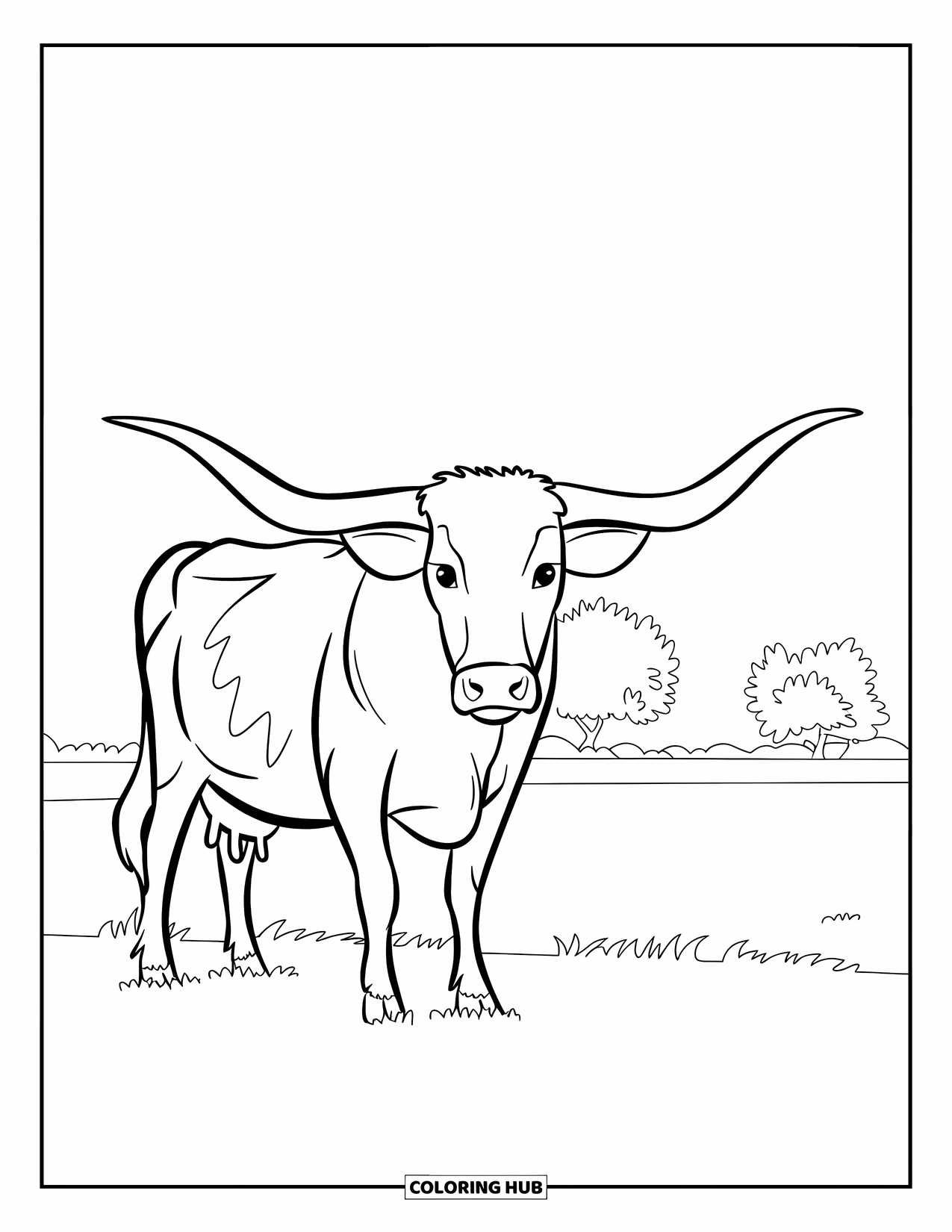 Texas Coloring Page for Kids: A longhorn cow stands on a plain with trees and open sky behind