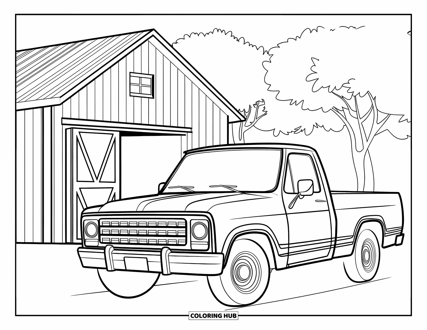 Texas Coloring Page for Kids: A pickup truck with a Texas flag is parked near a barn and some trees