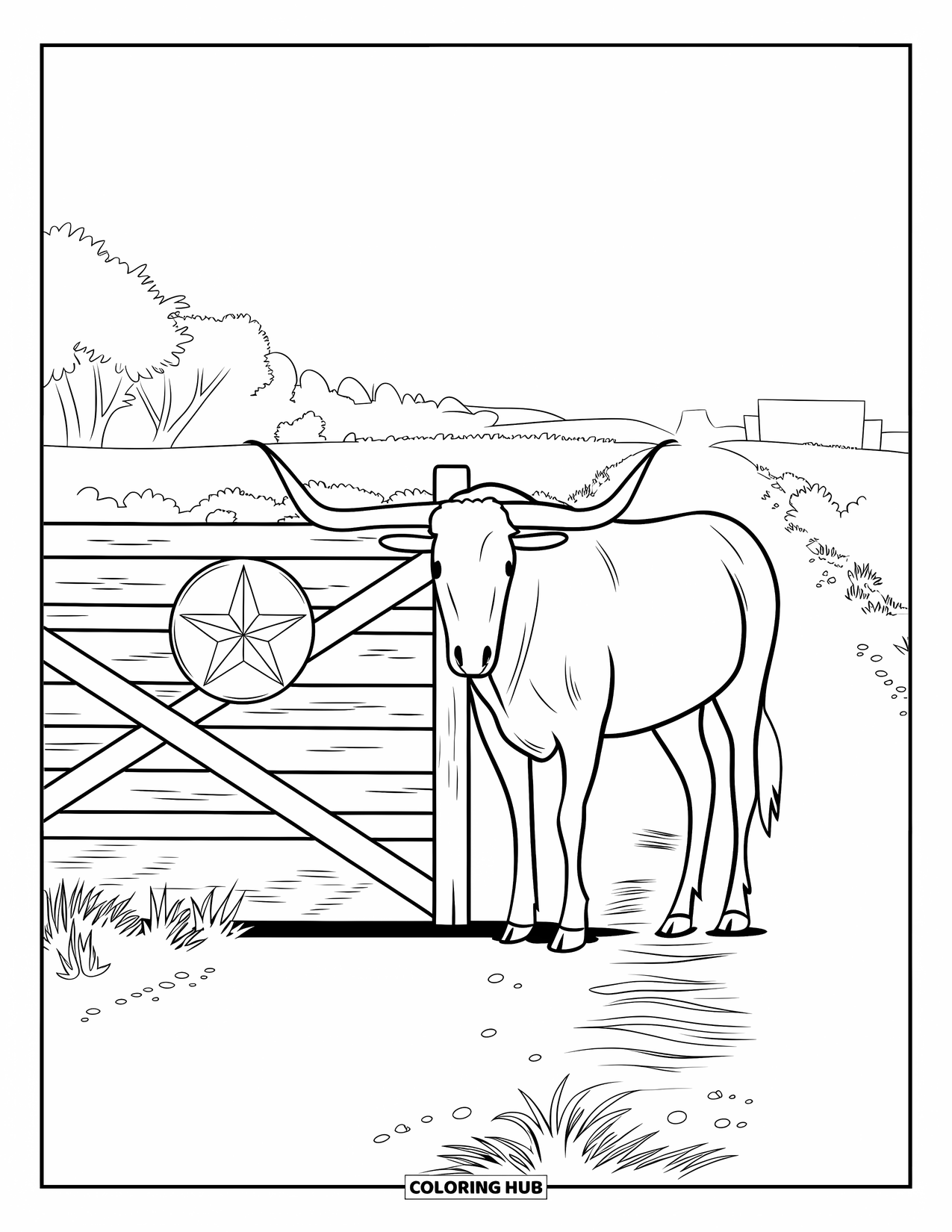 Texas Coloring Page for Kids: A proud longhorn watches near an open gate and a dusty path