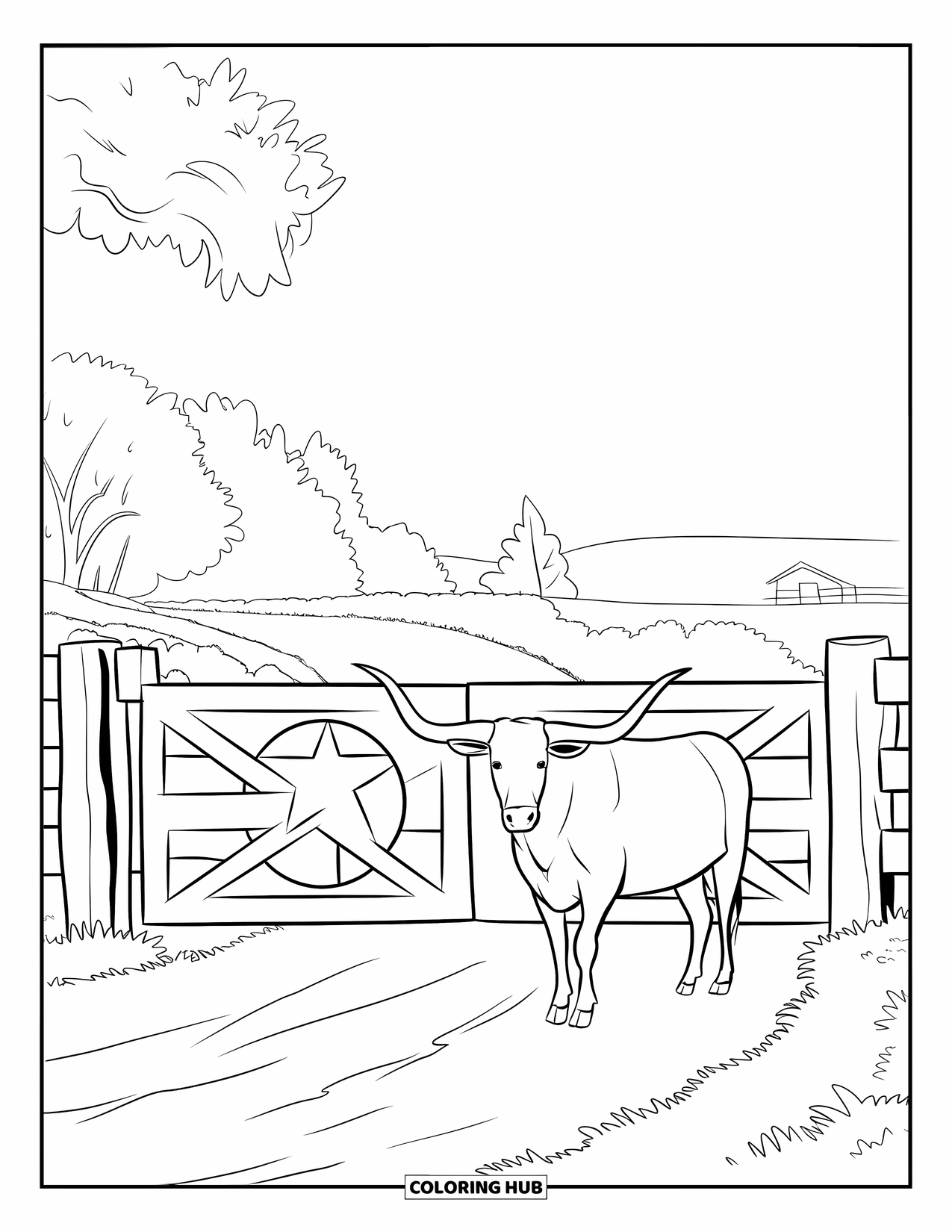 Texas Coloring Page for Kids: A ranch gate with a star stands beside a longhorn and distant building