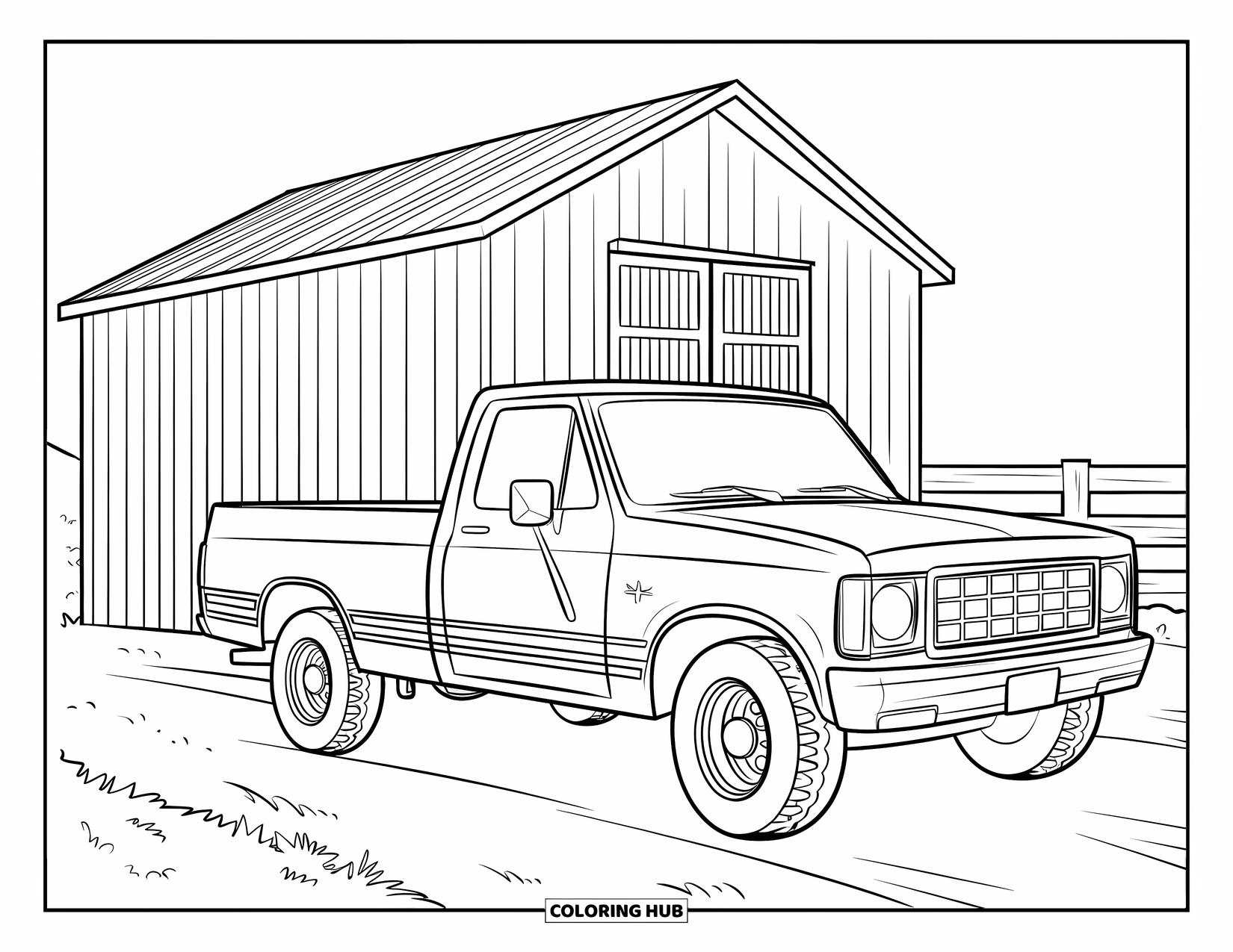Texas Coloring Page for Kids: A red-striped truck sits by a wooden barn and nearby fence