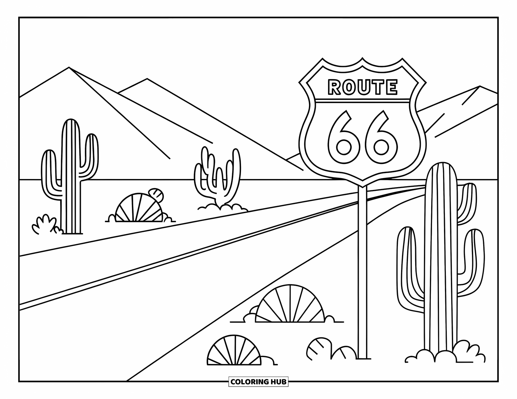 Texas Coloring Page for Kids: A Route 66 sign stands beside a quiet desert road lined with cacti and mountains