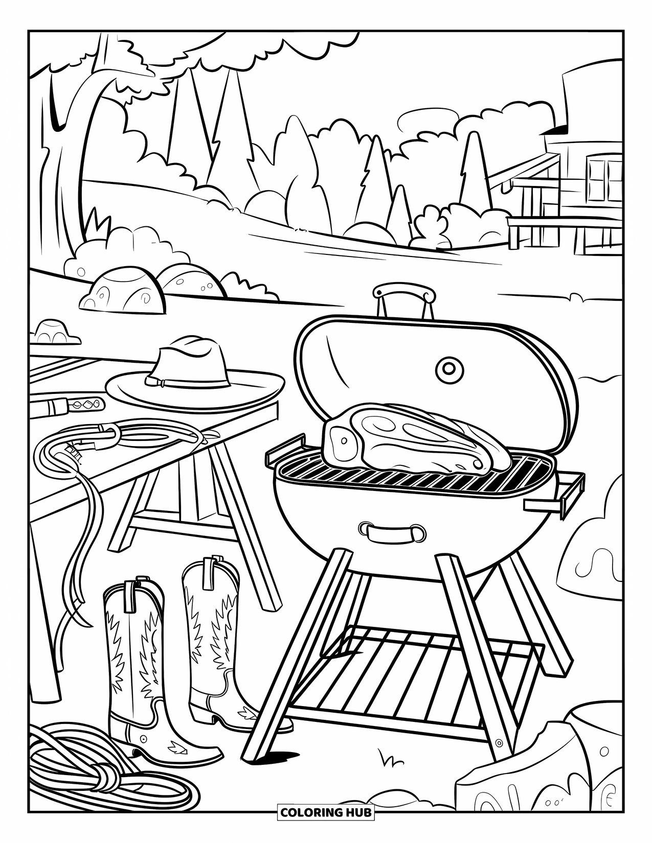 Texas Coloring Page for Kids: A rustic smoker with brisket steams beside cowboy tools and trees