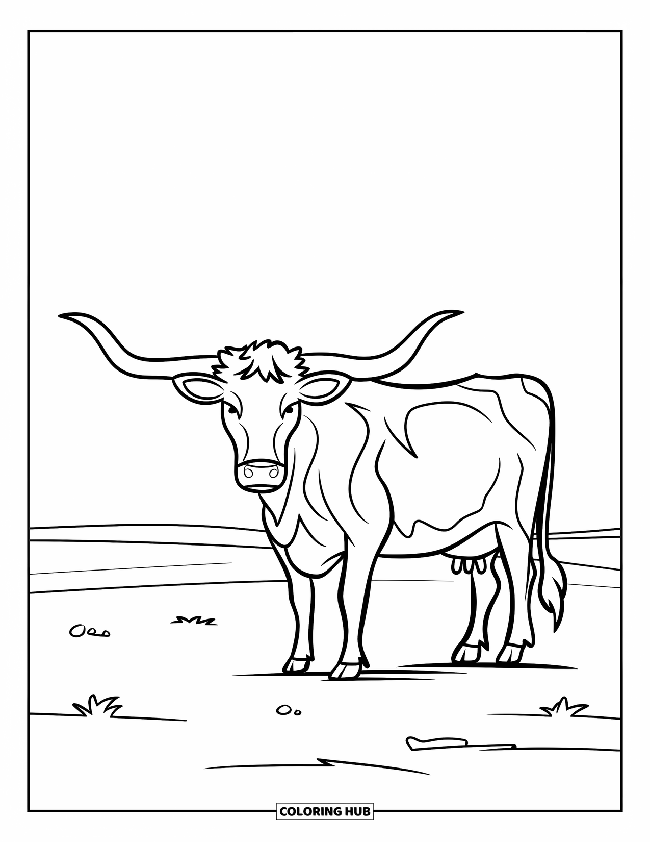 Texas Coloring Page for Kids: A simple longhorn cow stands on a plain with a few scattered shapes around
