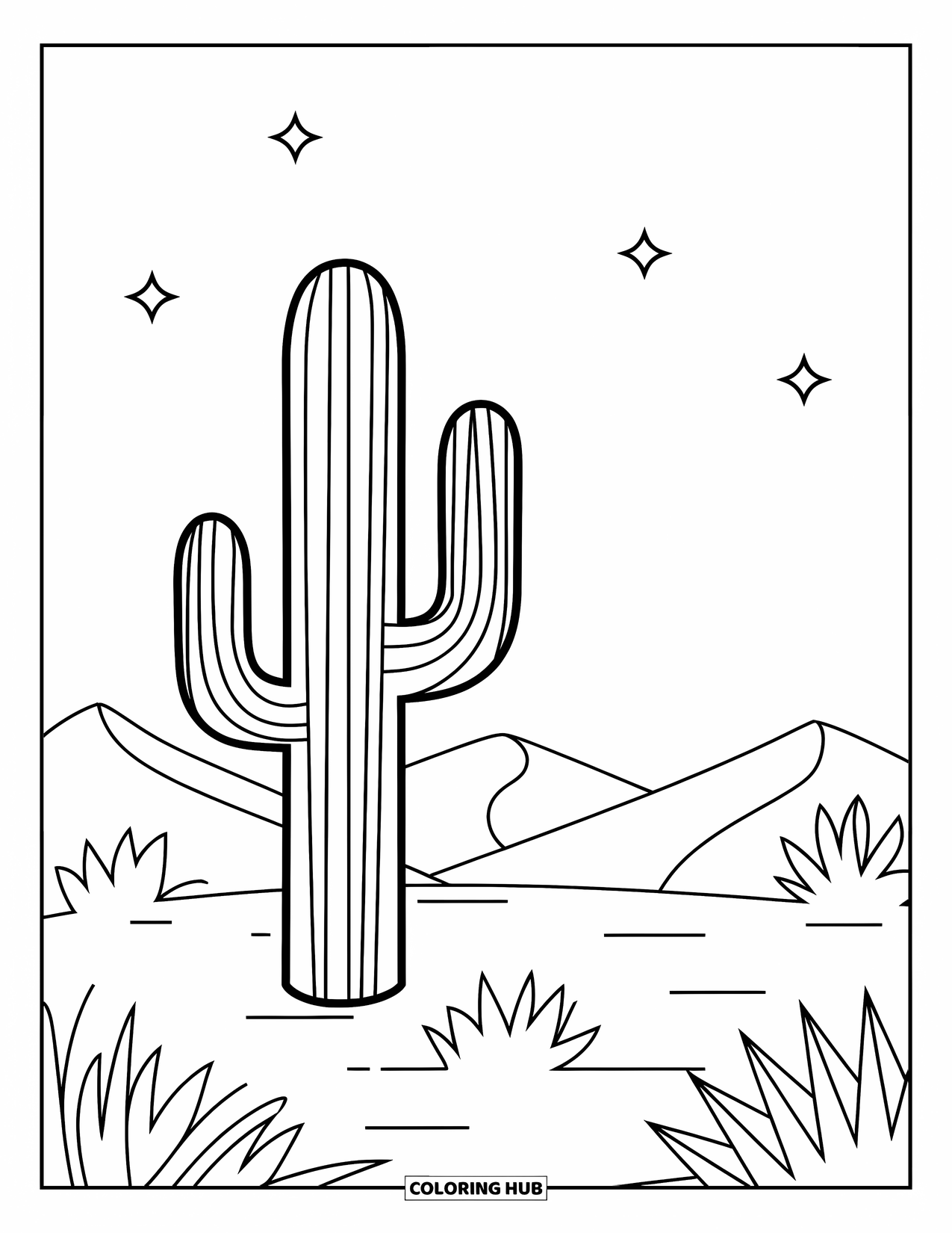 Texas Coloring Page for Kids: A tall cactus stands among sand dunes under a starry desert sky