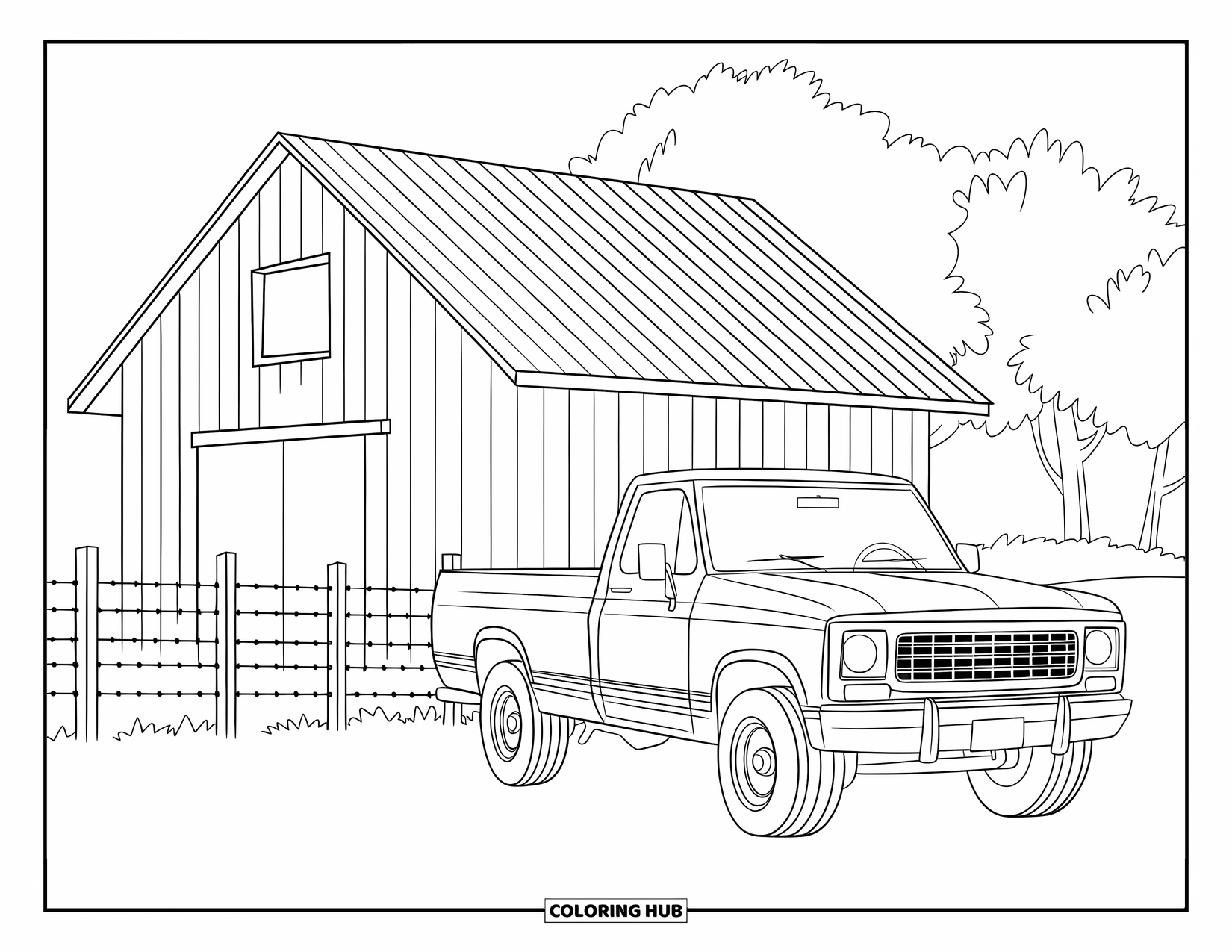 Texas Coloring Page for Kids: A truck and barn stand behind a wooden fence and a few scattered trees