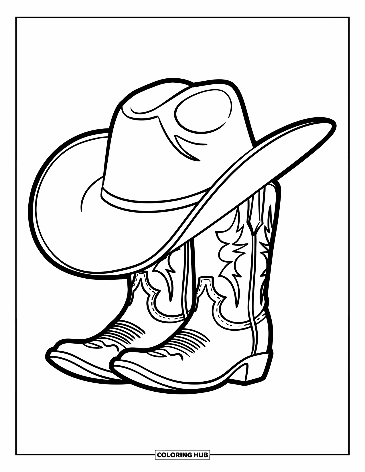 Texas Coloring Page for Kids: A worn cowboy hat and boots sit quietly together with no background behind