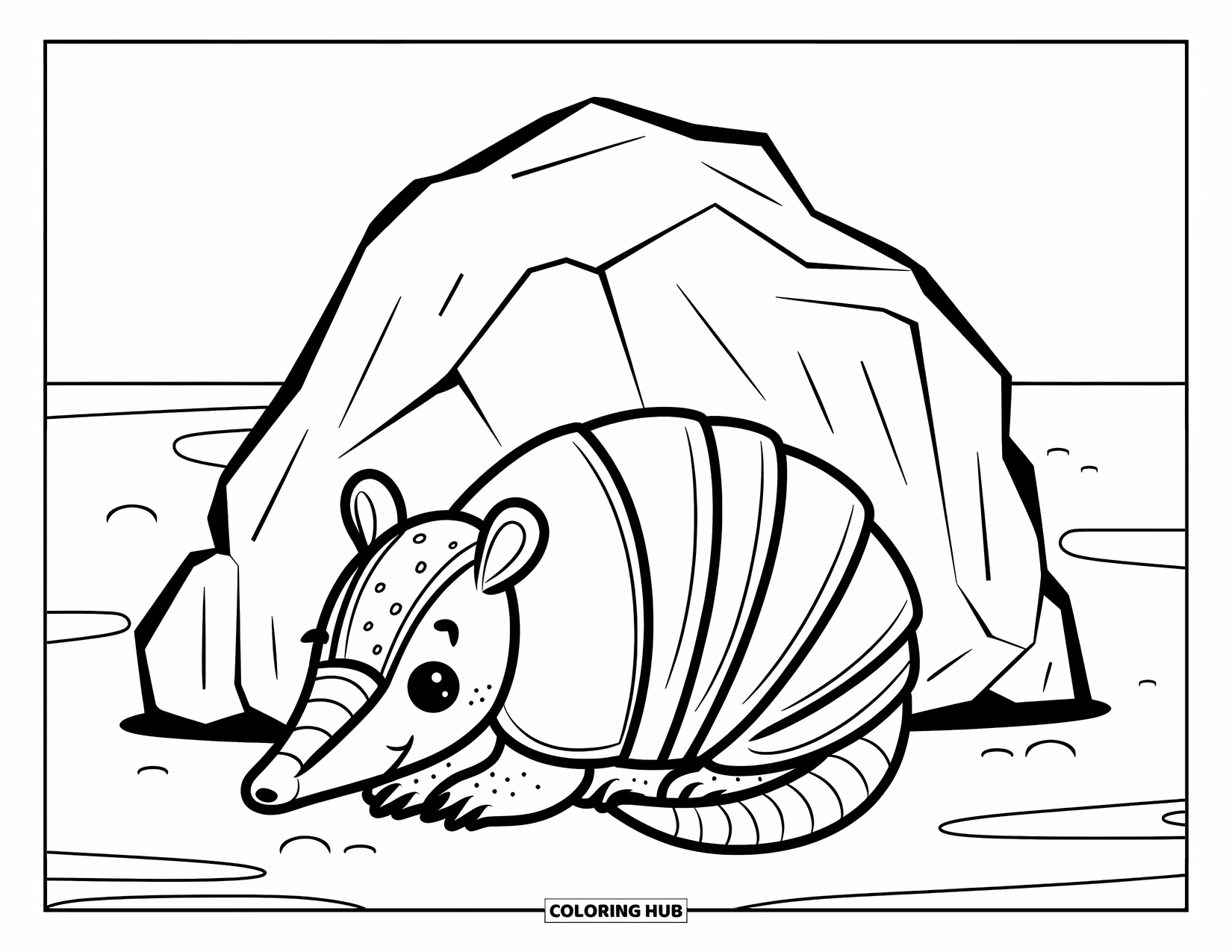 Texas Coloring Page for Kids: An armadillo with a round shell rests near a big rock and simple background