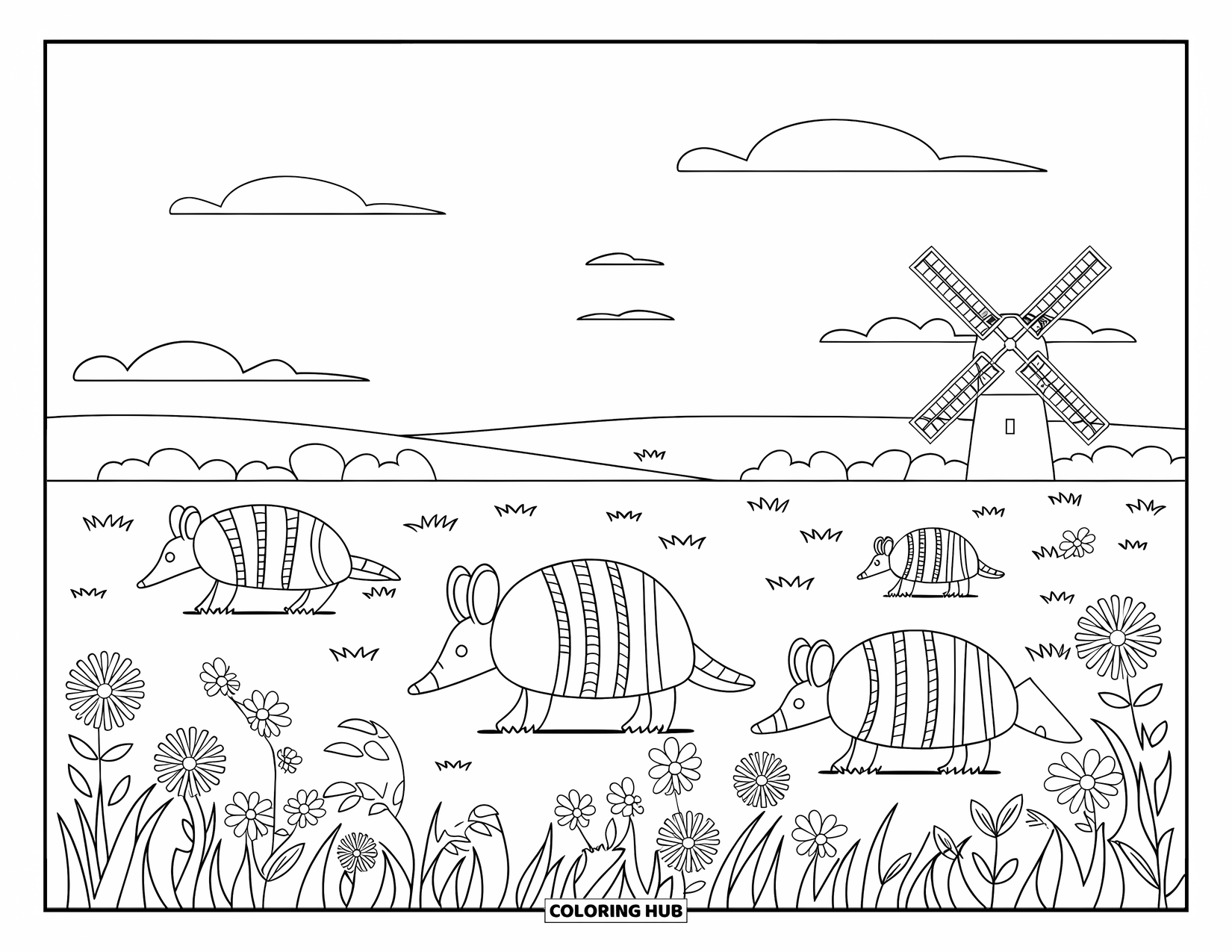 Texas Coloring Page for Kids: Armadillos and flowers fill the prairie with a windmill spinning in the distance