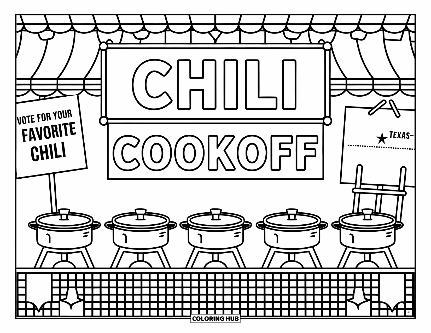 Texas Coloring Page for Kids: Chili pots and banners decorate a festive cookoff booth with signs and checkered tablecloth