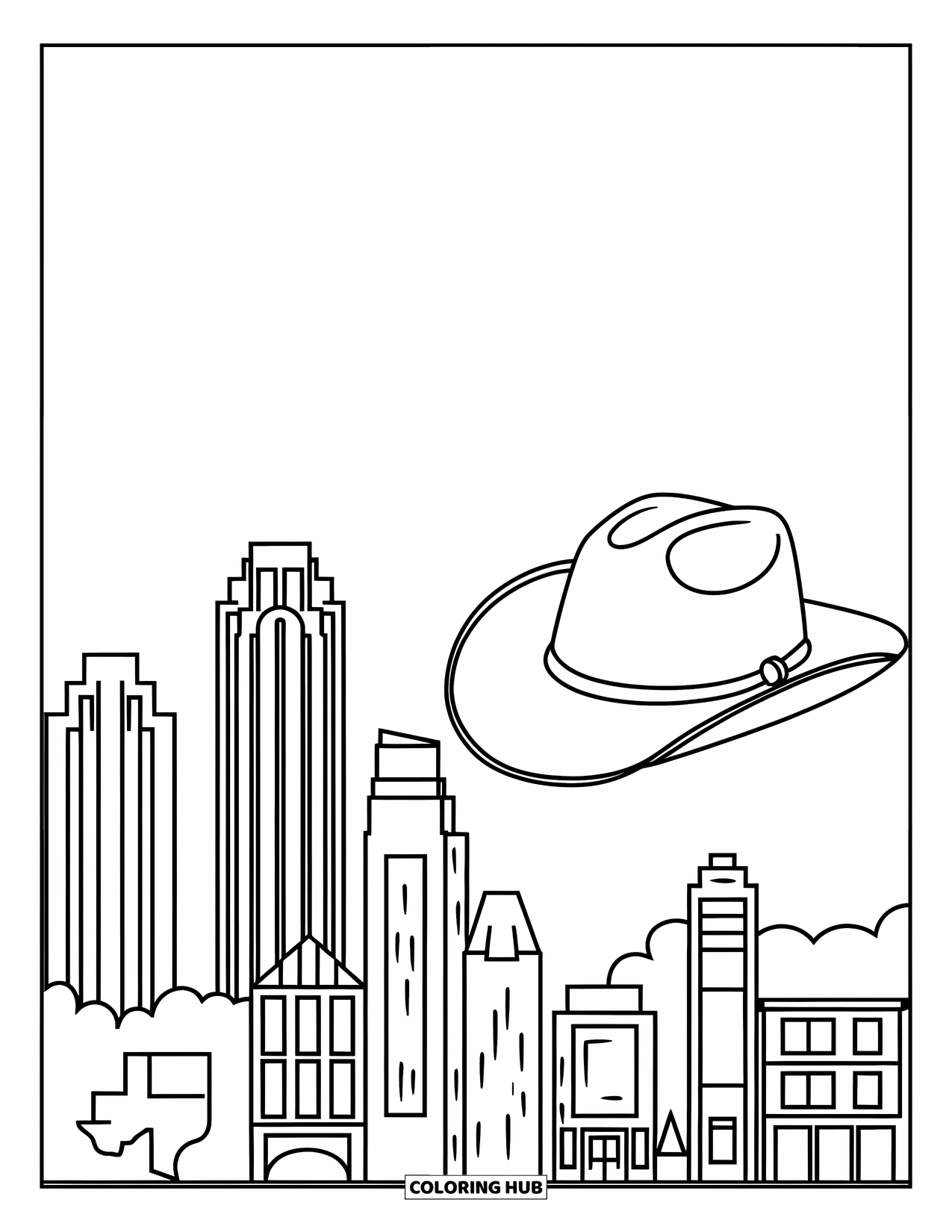 Texas Coloring Page for Kids: Skyscrapers and a cowboy hat form a fun Texas skyline scene