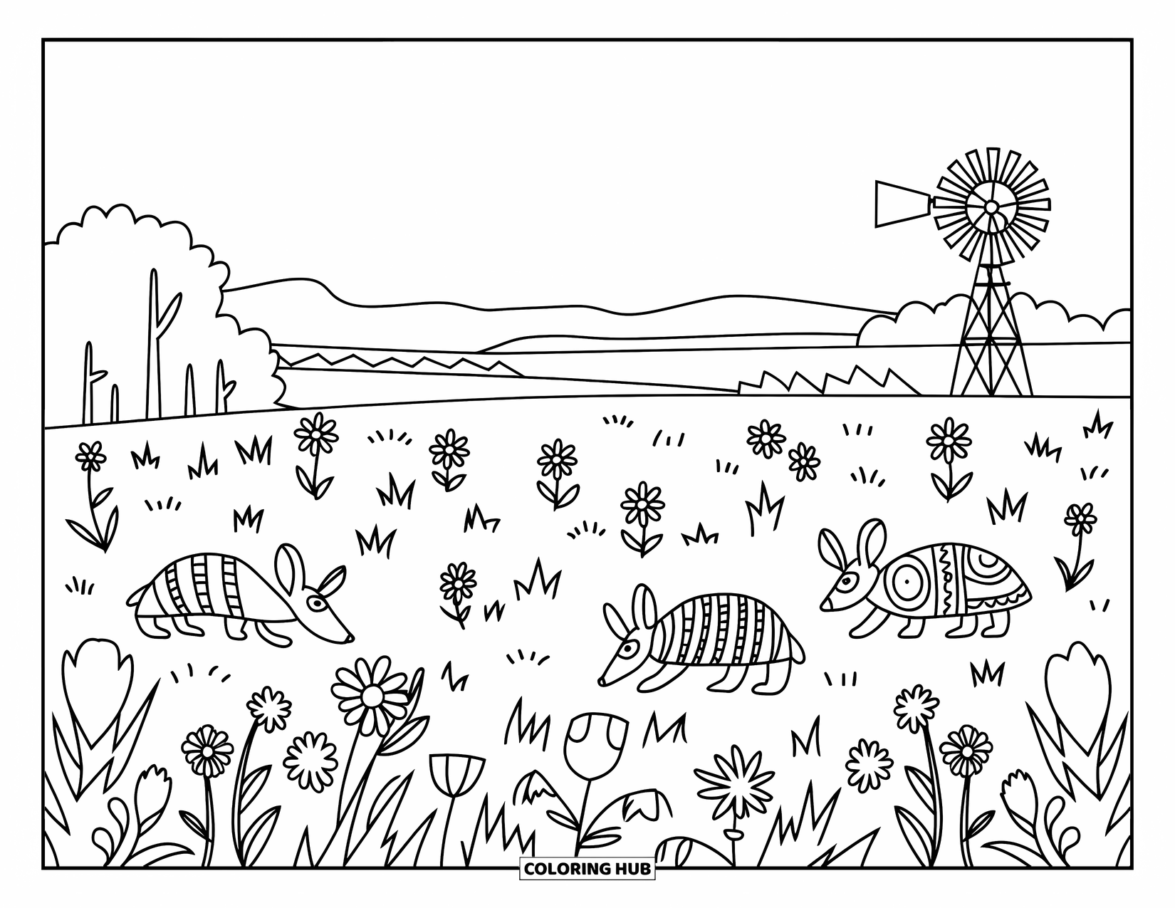 Texas Coloring Page for Kids: Wildflowers and armadillos dot a quiet prairie with a distant windmill