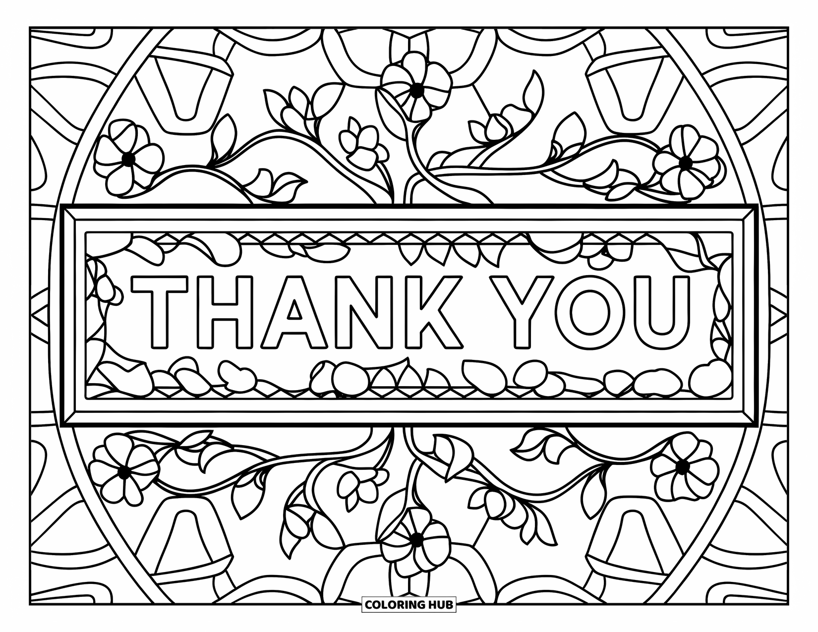 Thank You Teacher Coloring Page for Adults: A bookmark with "Thank You" and detailed floral stained glass patterns
