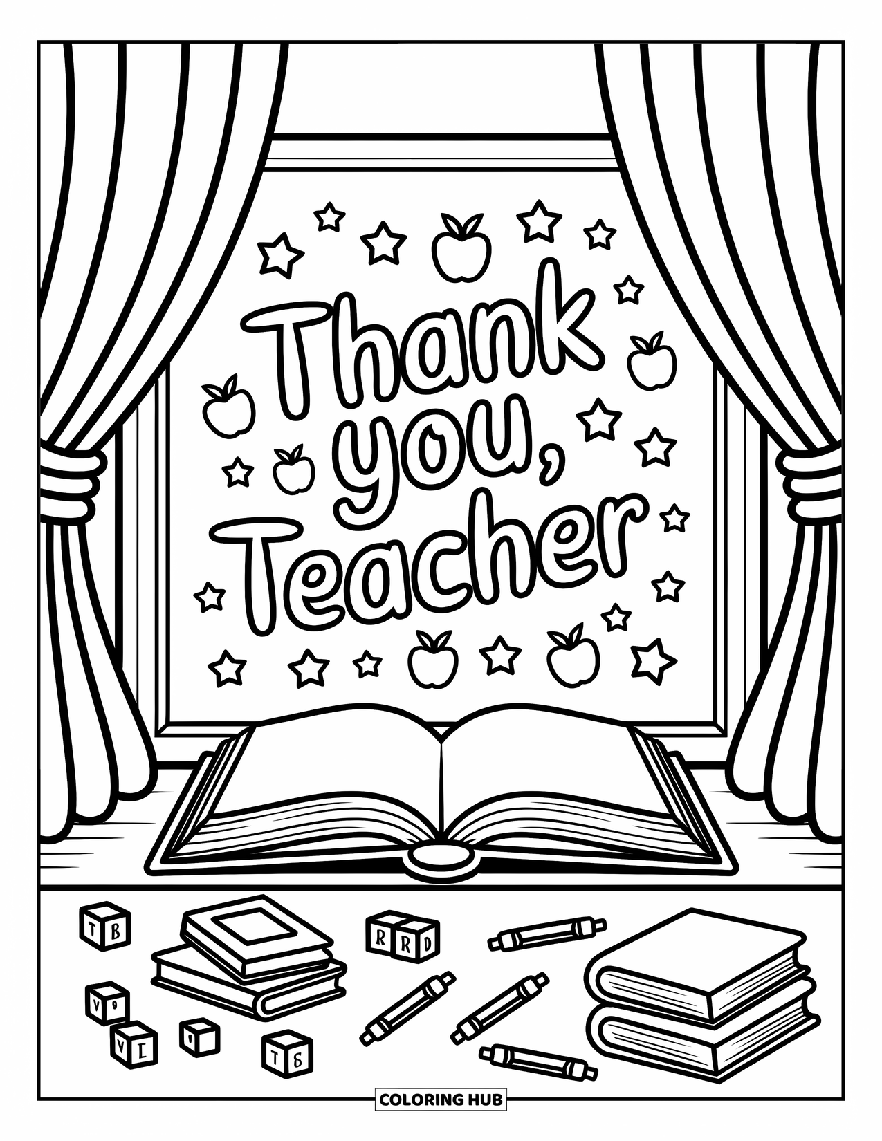 Thank You Teacher Coloring Page for Adults: A classroom scene with "Thank You, Teacher" and a banner of stars and apples