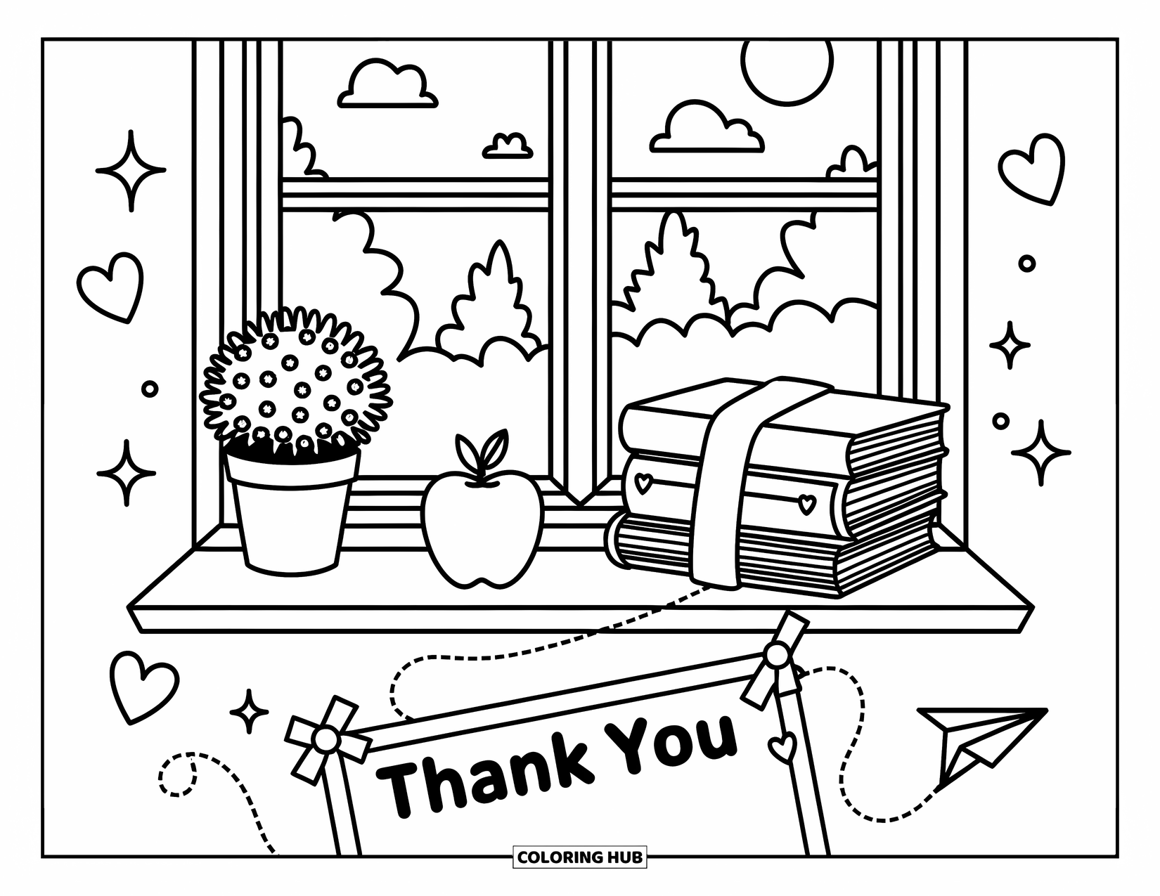 Thank You Teacher Coloring Page for Adults: A cozy classroom window with books, an apple, and a thank-you note