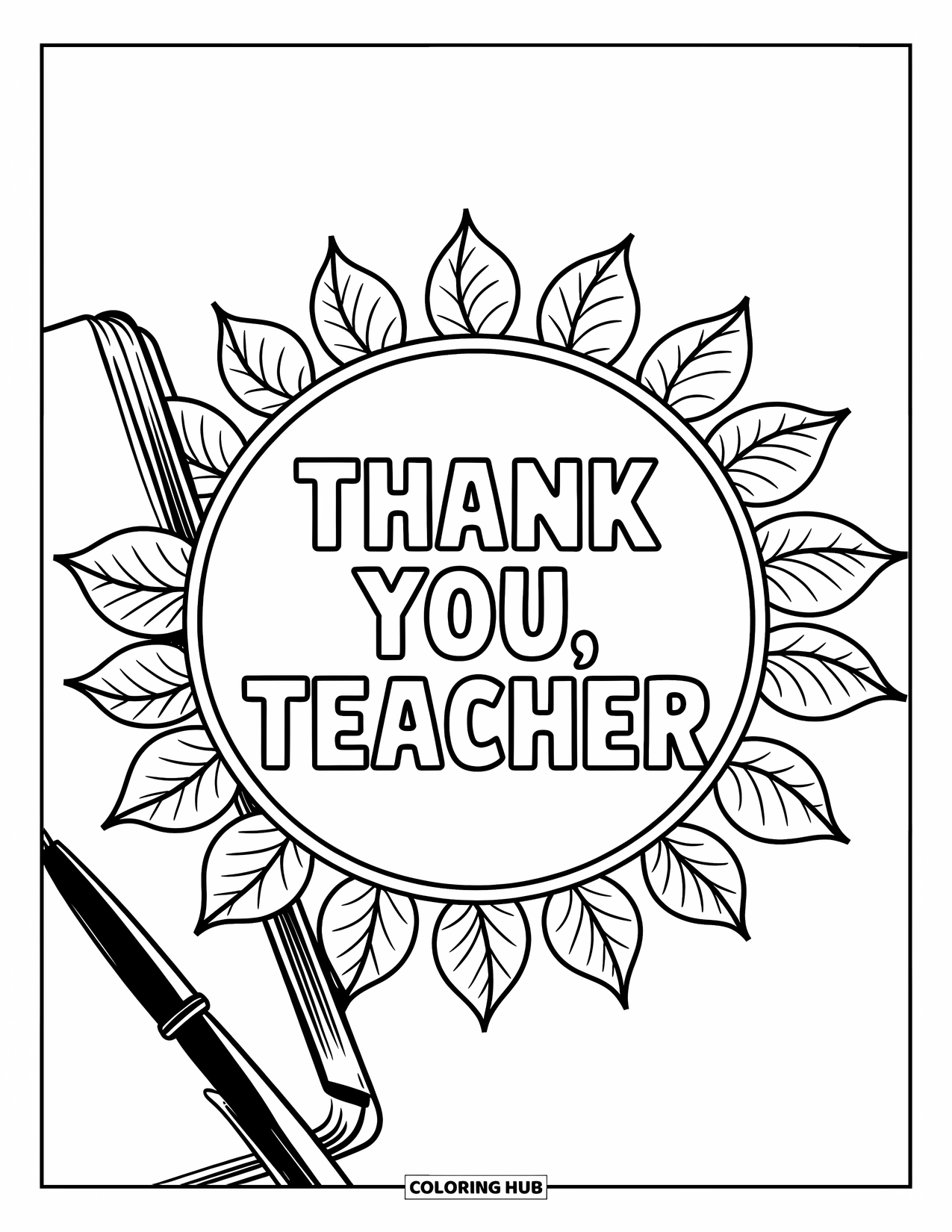 Thank You Teacher Coloring Page for Adults: A journal and pen beside paper with "Thank You, Teacher" in the center