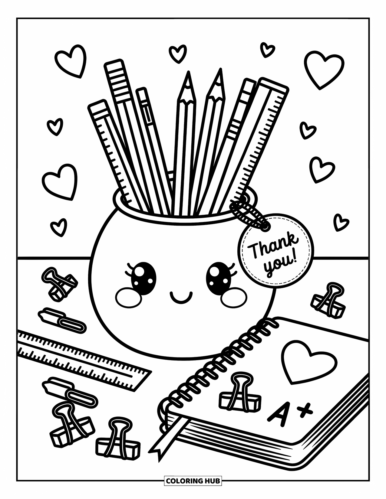 Thank You Teacher Coloring Page for Adults: A pencil cup with school supplies and a small "Thank You" tag