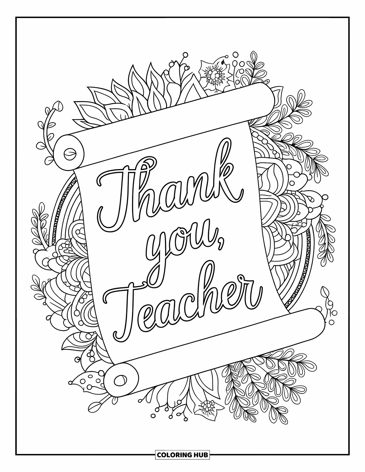 Thank You Teacher Coloring Page for Adults: A scroll design with "Thank You, Teacher" and a detailed botanical mandala