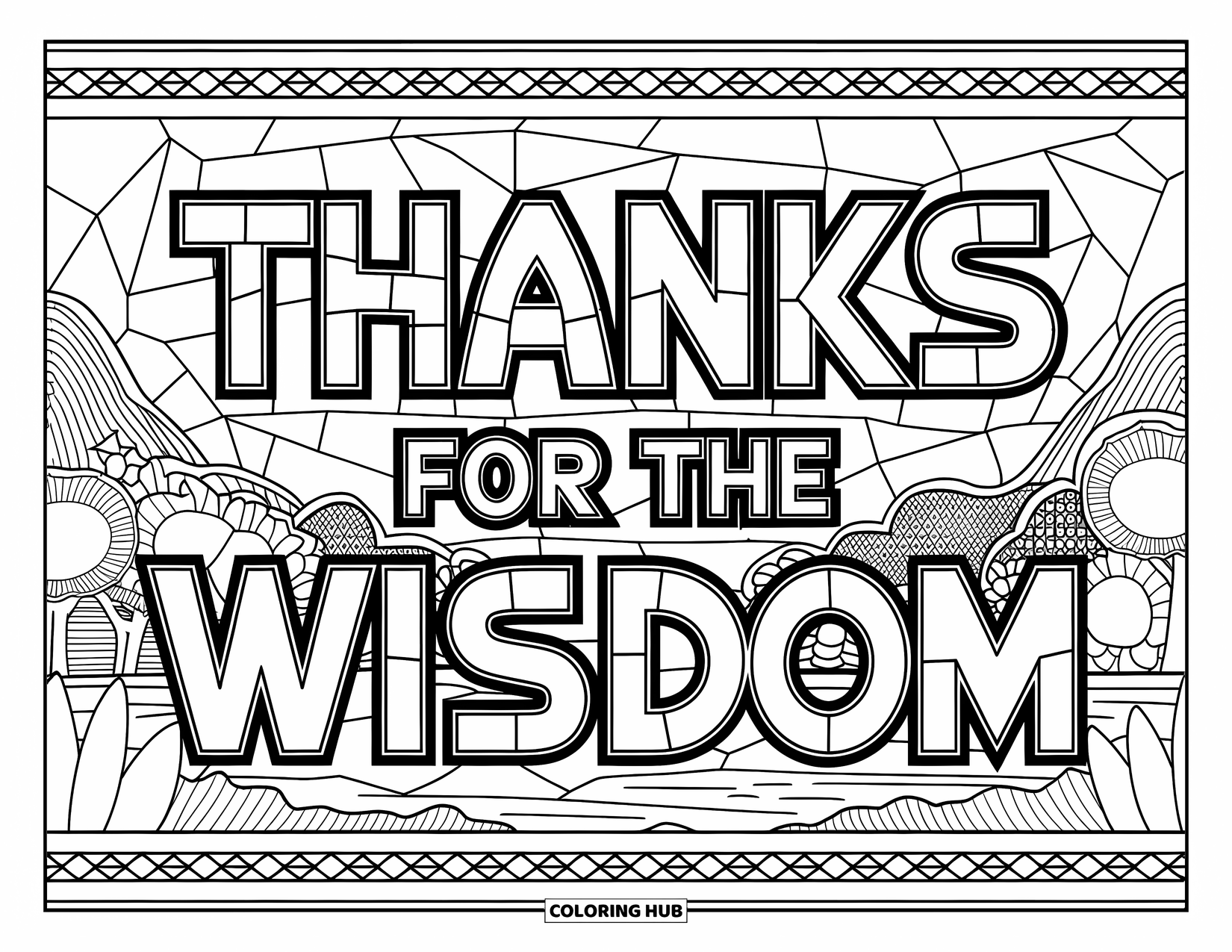 Thank You Teacher Coloring Page for Adults: "Thanks for the Wisdom" framed in a glass mosaic with a mountain landscape