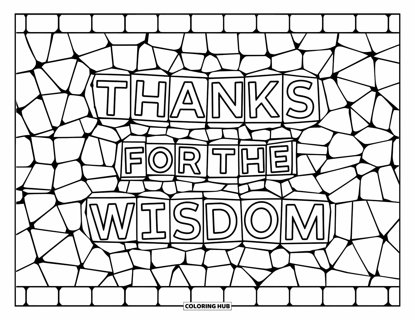 Thank You Teacher Coloring Page for Adults: "Thanks for the Wisdom" set in mosaic tiles with circular patterns around