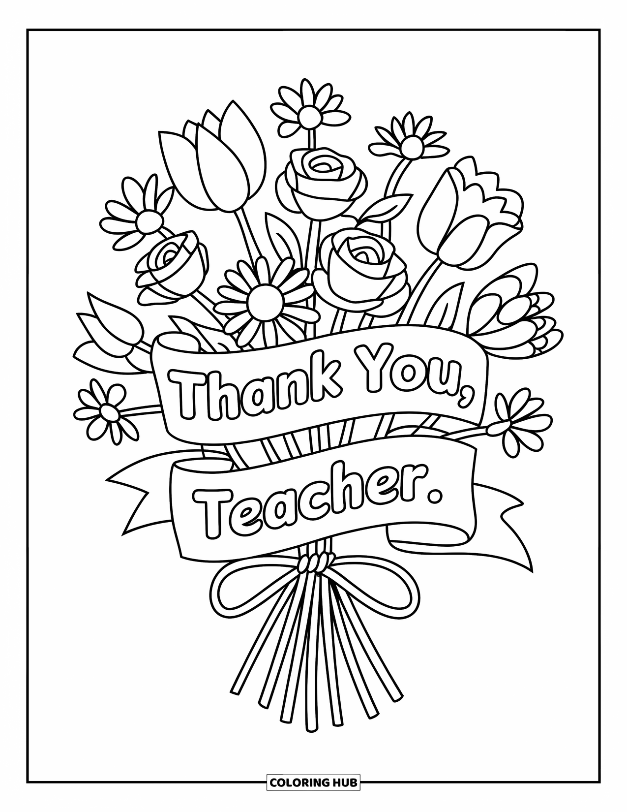 Thank You Teacher Coloring Page for Kids: A bouquet of roses, daisies, and tulips with thank-you ribbon