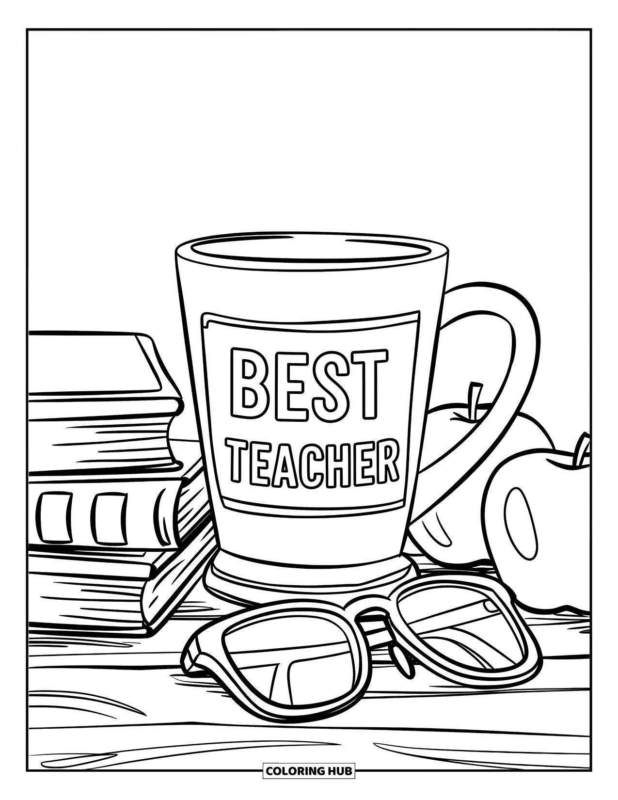 Thank You Teacher Coloring Page for Kids: A coffee mug labeled "Best Teacher" beside books and glasses