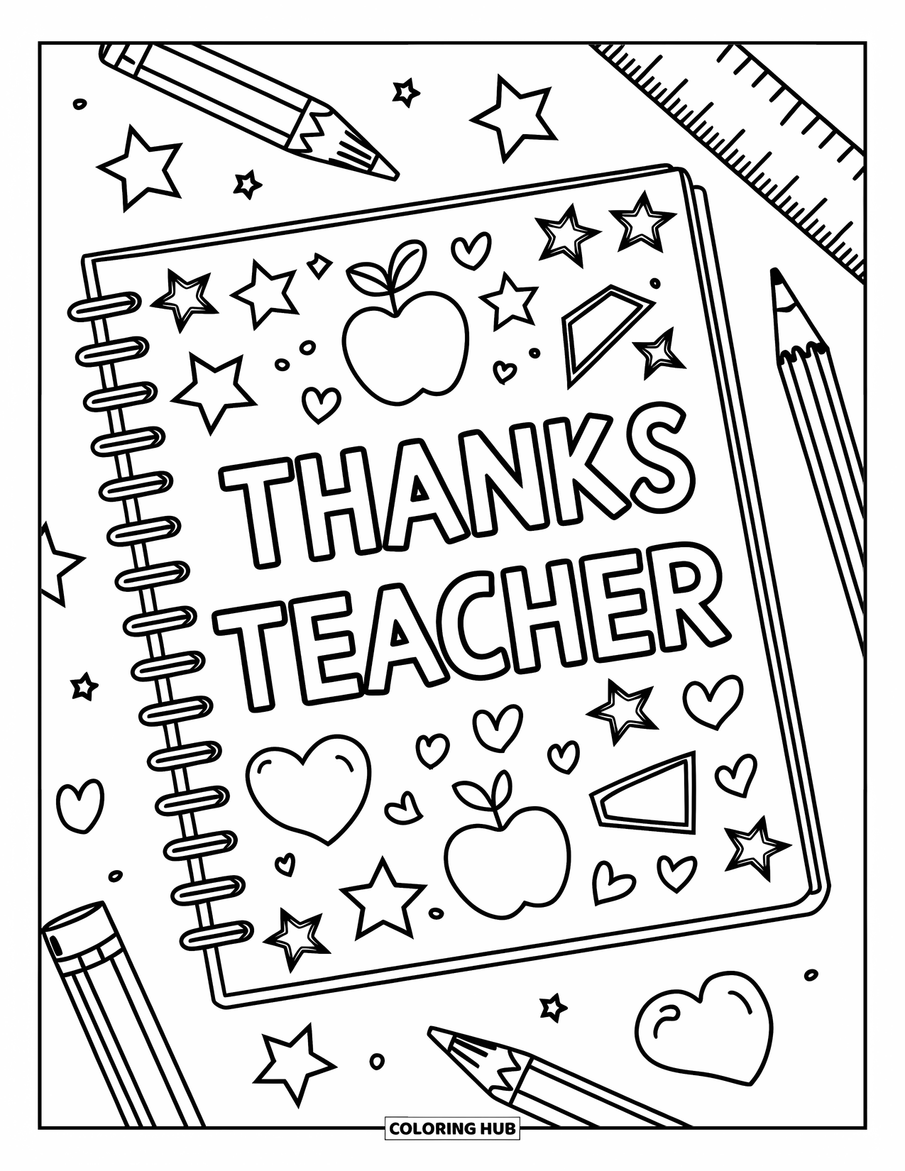 Thank You Teacher Coloring Page for Kids: A decorated notebook page with "Thanks Teacher" and school doodles