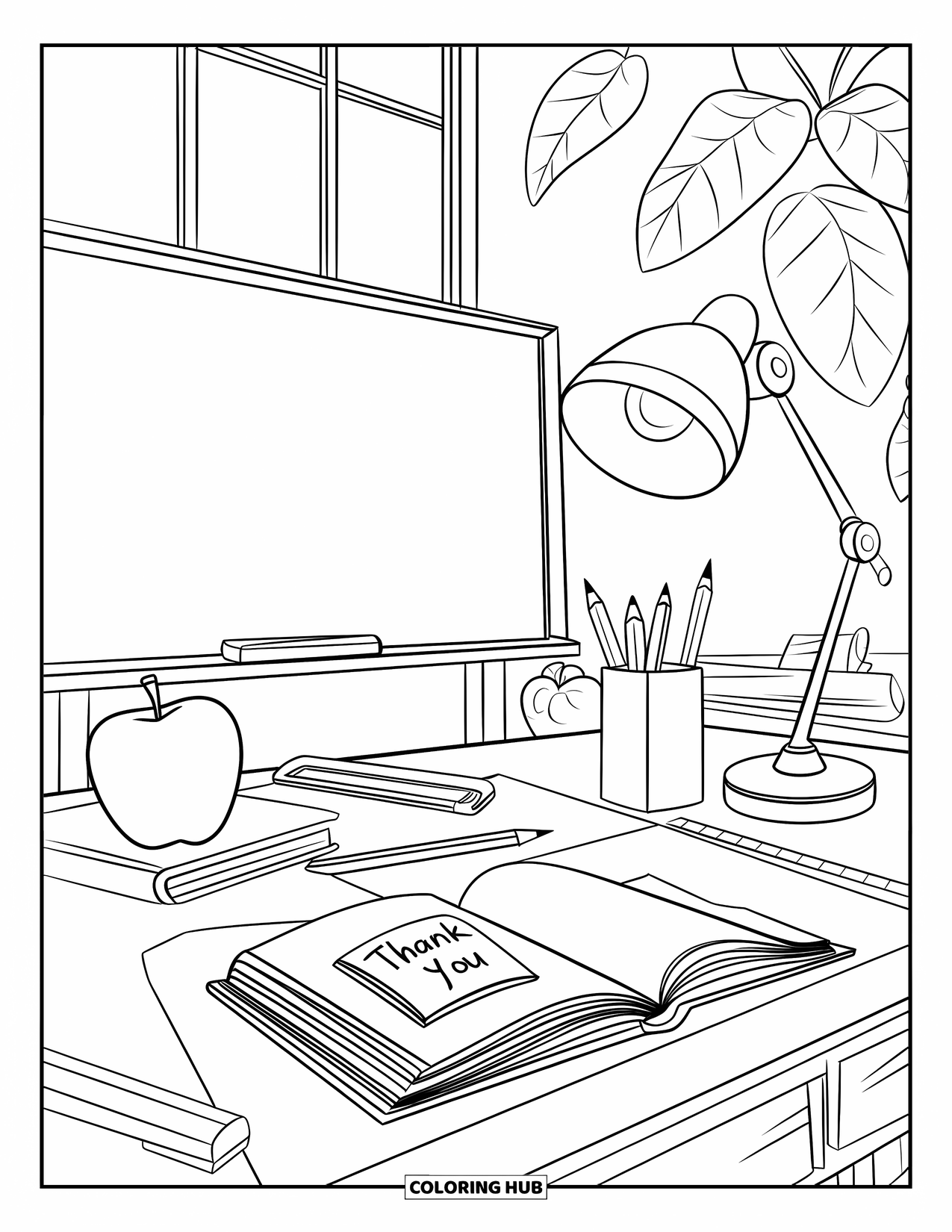 Thank You Teacher Coloring Page for Kids: A desk with book, apple, pencil holder, and a thank-you card