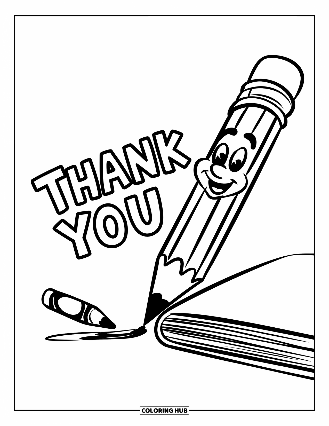 Thank You Teacher Coloring Page for Kids: A large pencil with a face writing "Thank You"