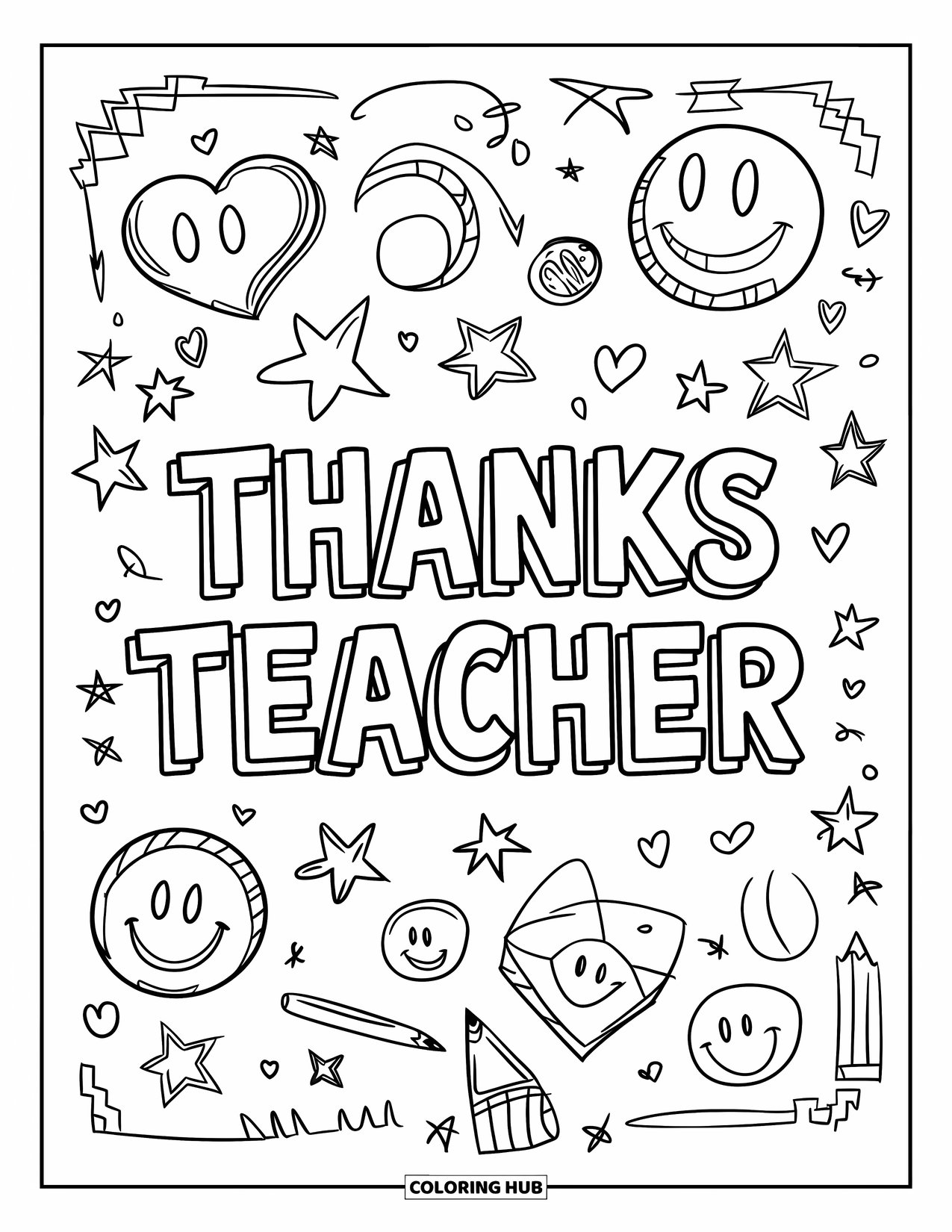 Thank You Teacher Coloring Page for Kids: A notebook page with "Thanks Teacher" and doodles around it