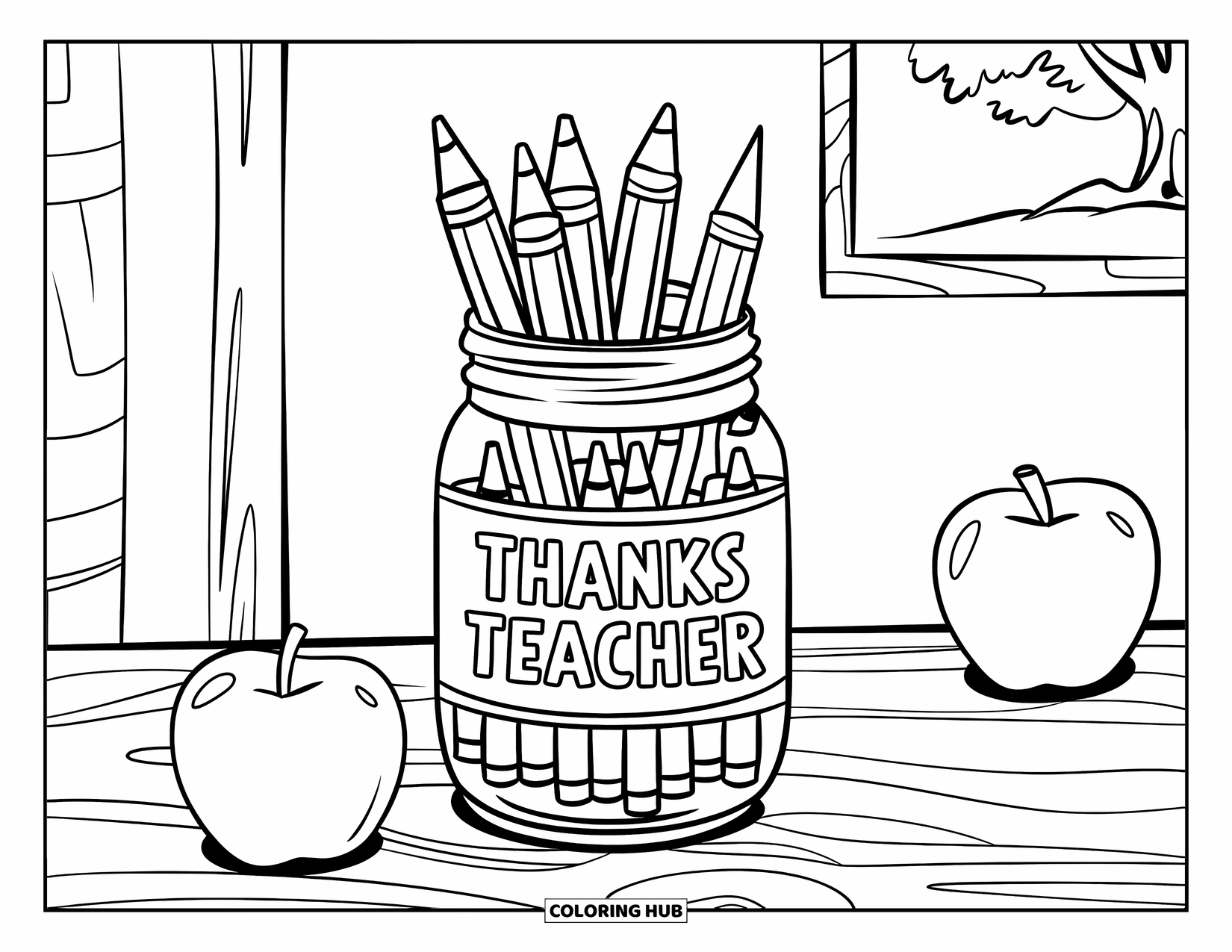 Thank You Teacher Coloring Page for Kids: A pencil crayon jar with apples on a wooden desk