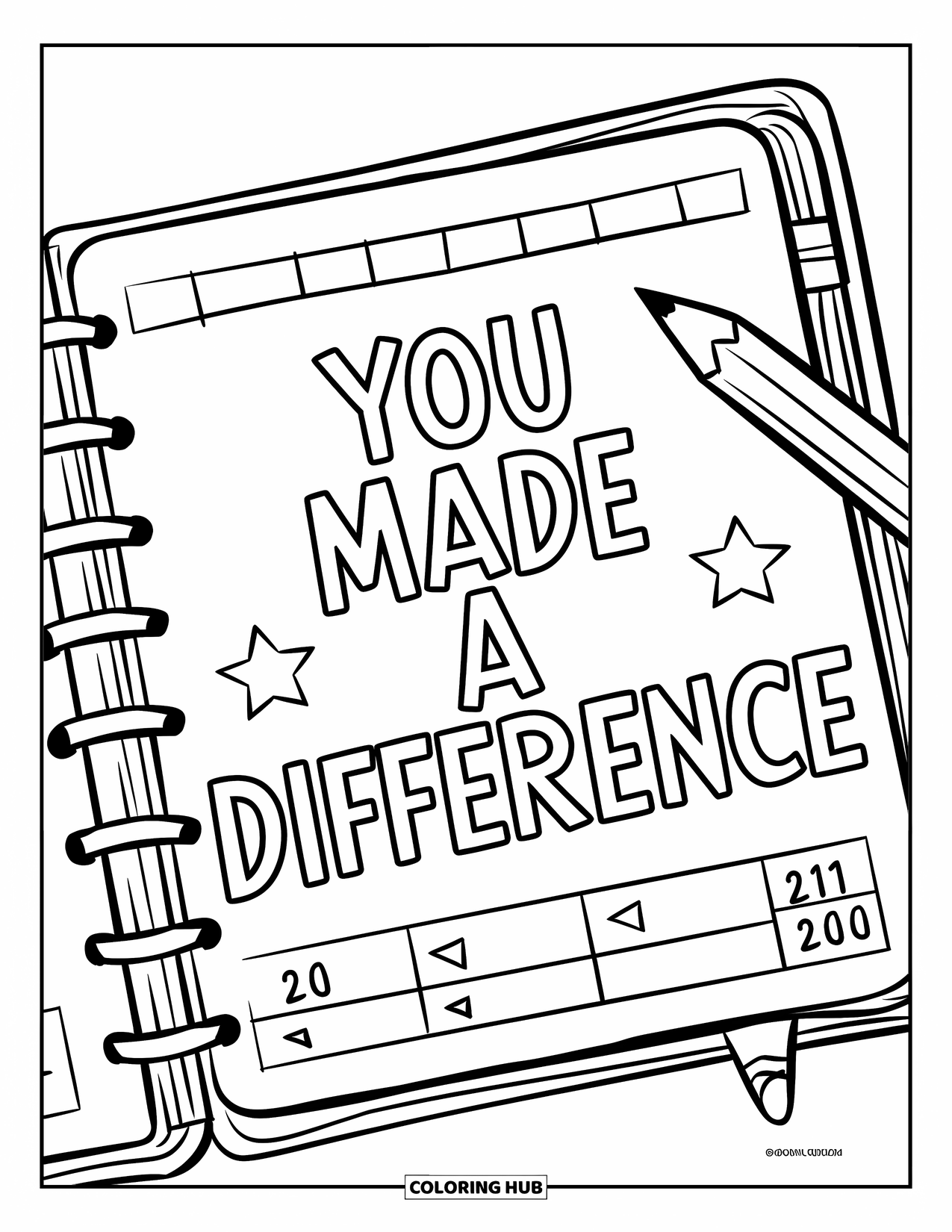 Thank You Teacher Coloring Page for Kids: A planner with "You Made a Difference" and a star marked date