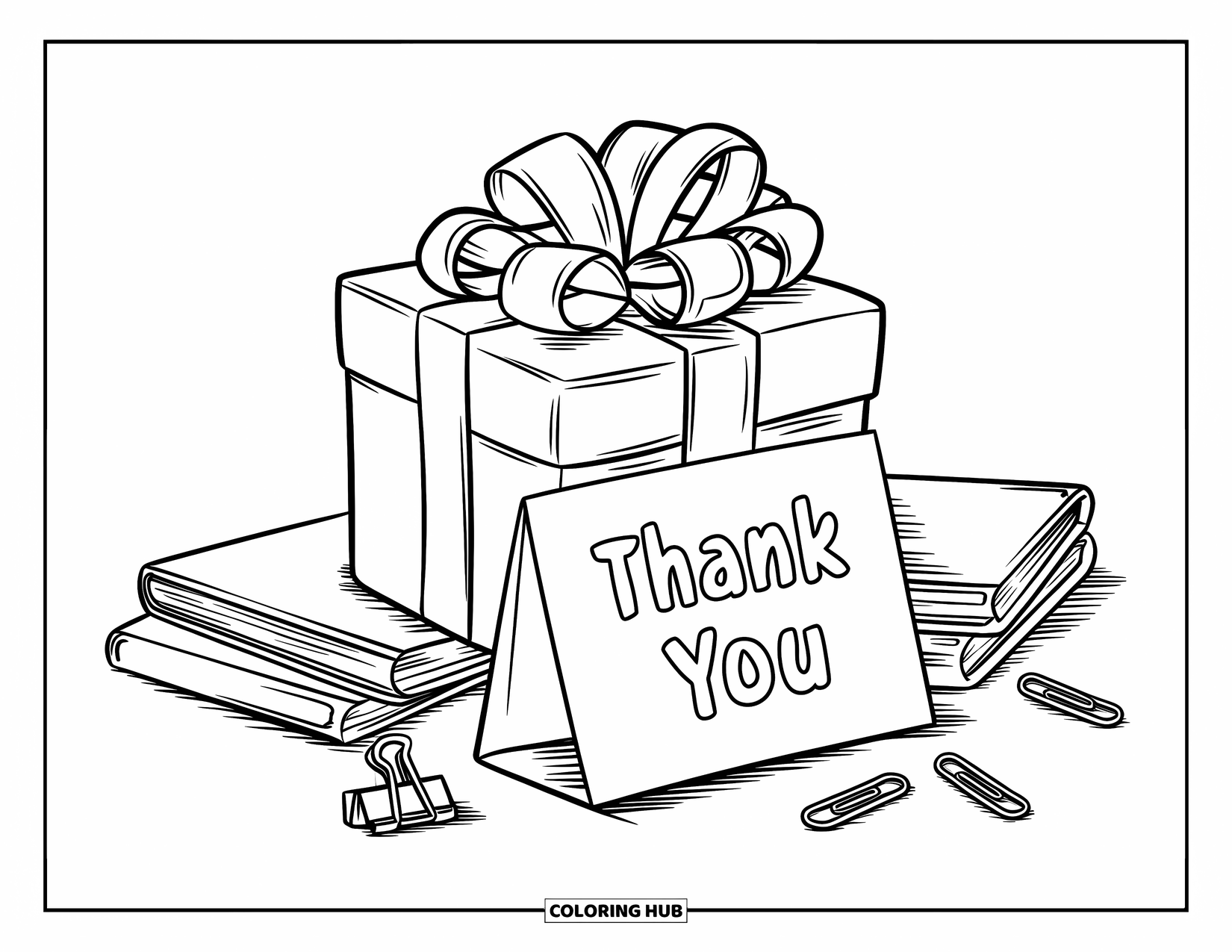 Thank You Teacher Coloring Page for Kids: A shiny gift box with a bow and a thank-you card