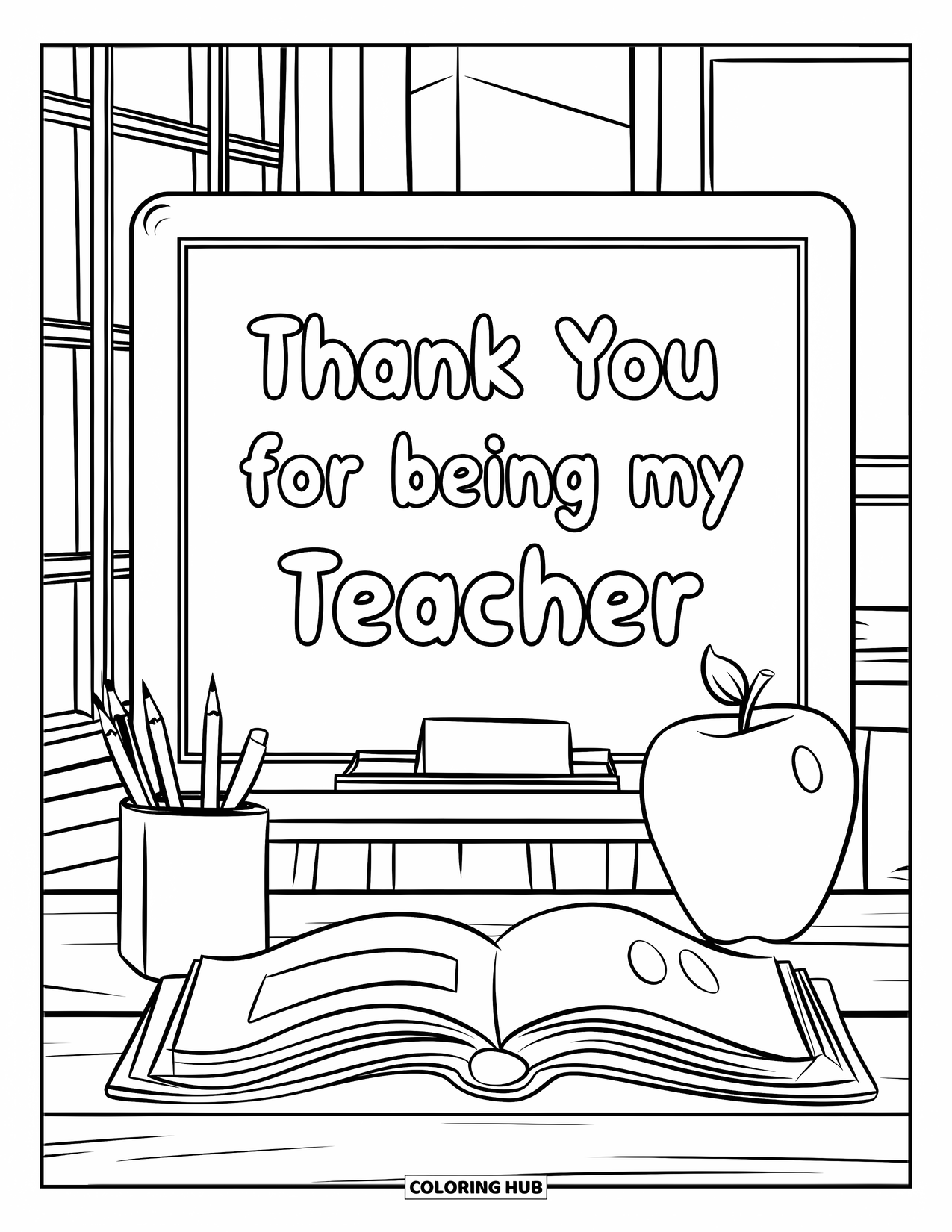 Thank You Teacher Coloring Page for Kids: A teacher's desk with open book, apple, and a thank-you message