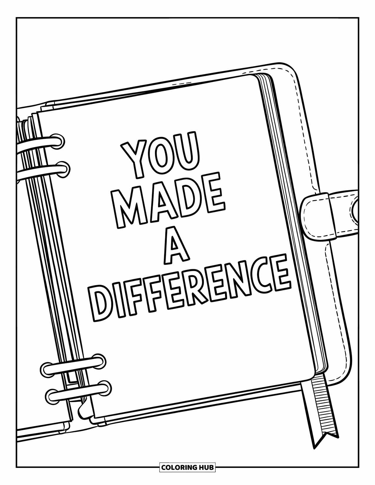 Thank You Teacher Coloring Page for Kids: An open planner with "You Made a Difference" written across