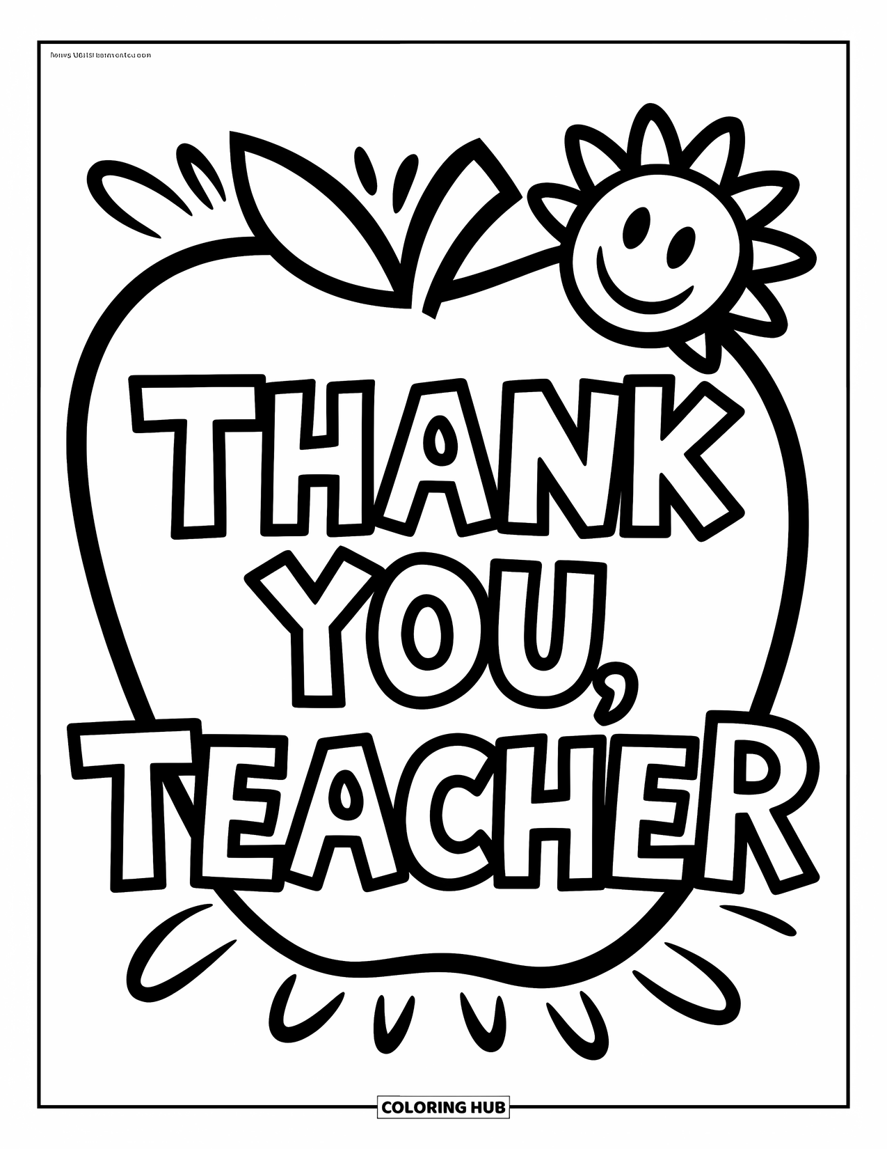Thank You Teacher Coloring Page for Kids: Large "Thank You, Teacher" letters with an apple and sun