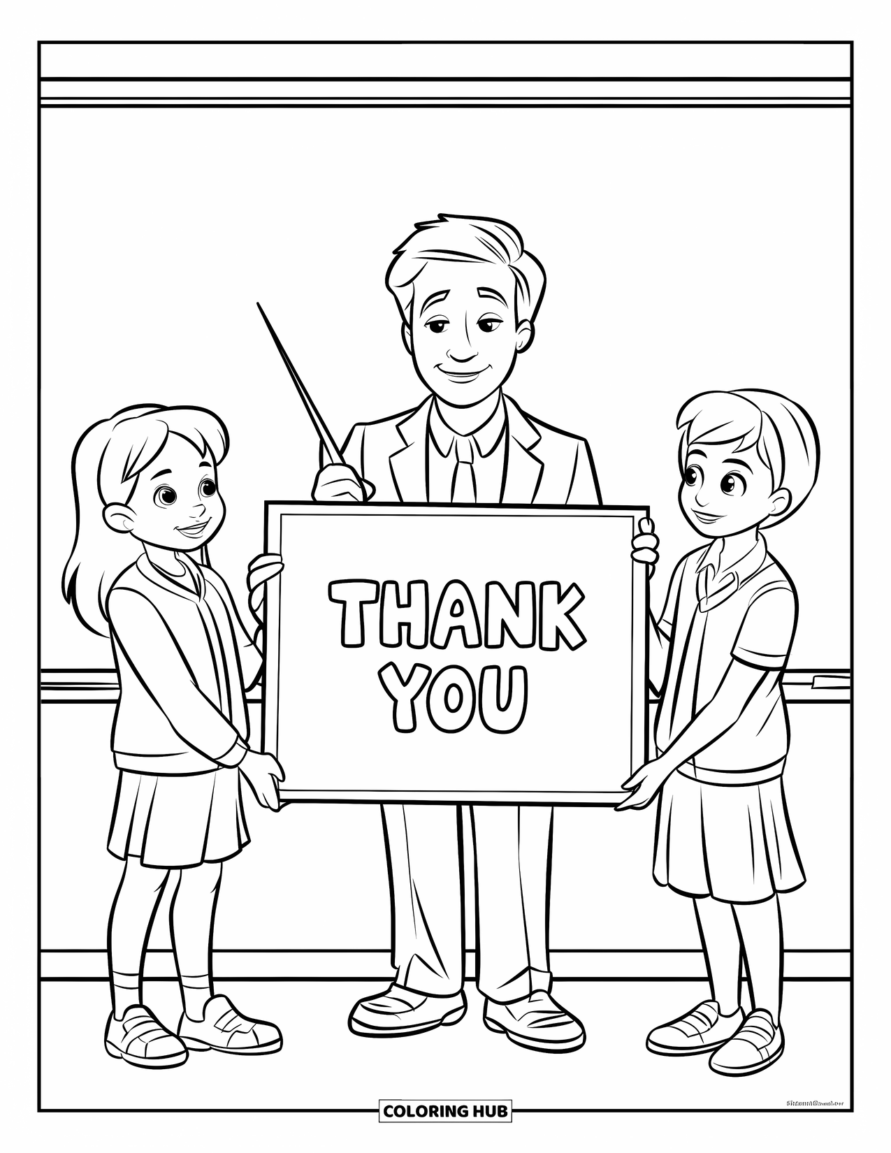 Thank You Teacher Coloring Page for Kids: Two students present a thank-you card to a teacher with pointer