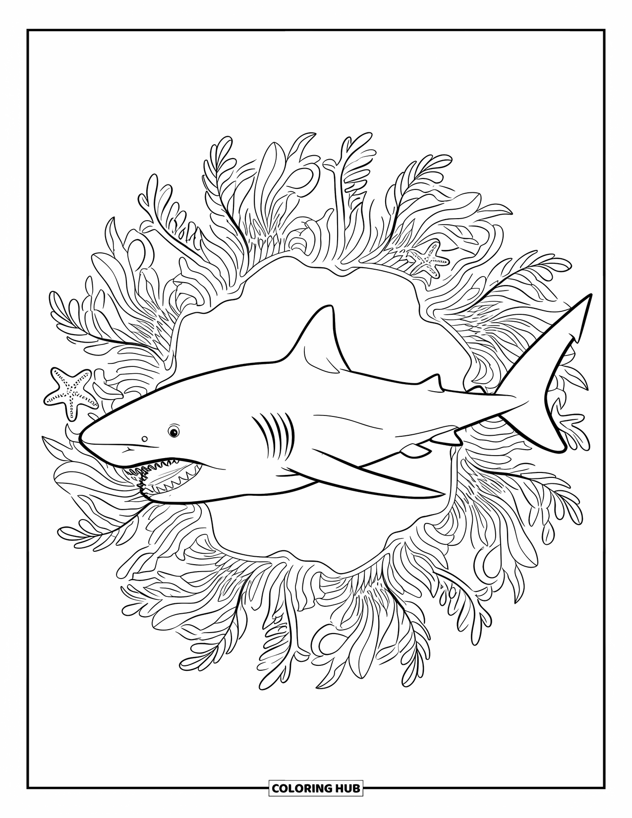 Tiger Shark Coloring Page for Adults: Open-mouthed tiger shark within mandala of seaweed and starfish