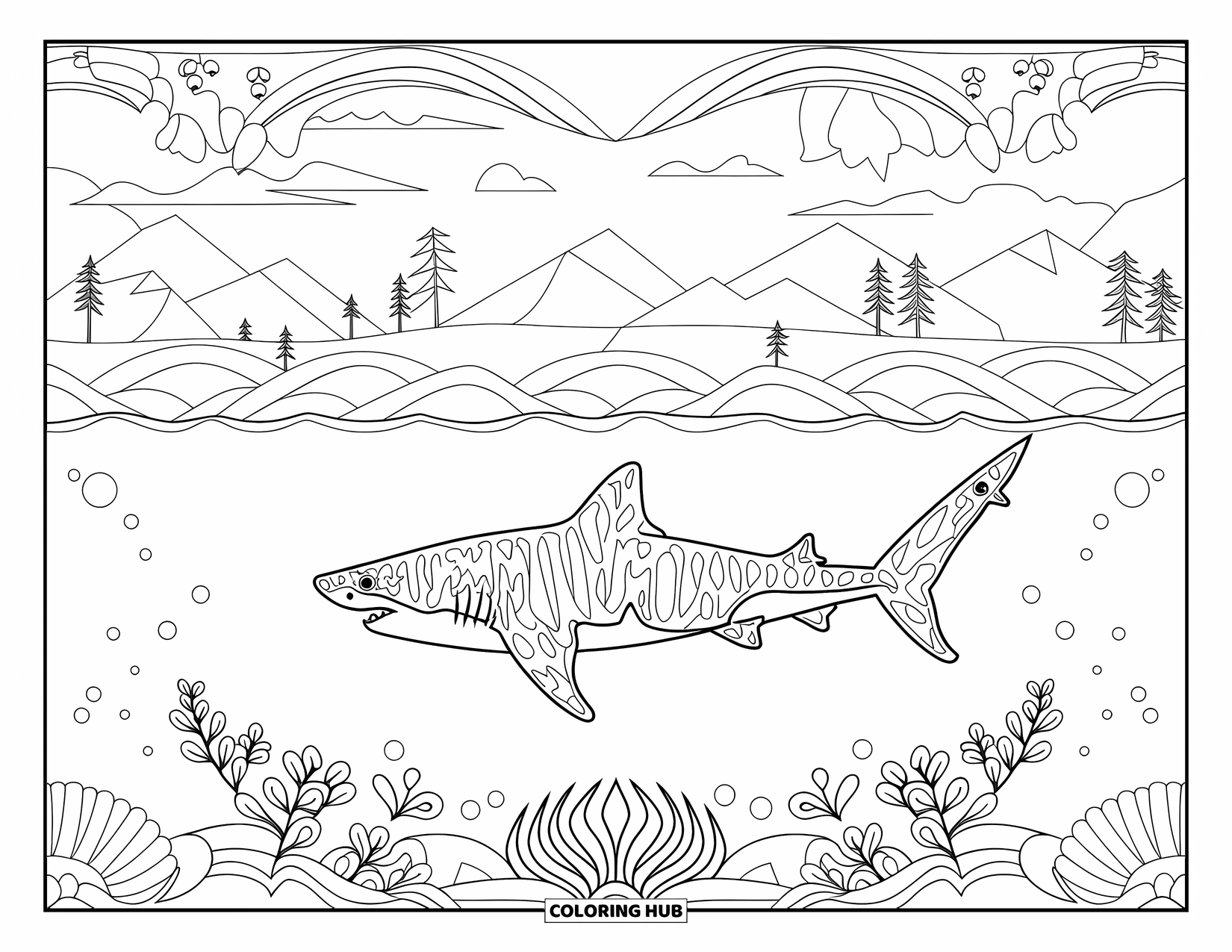 Tiger Shark Coloring Page for Adults: Tiger shark framed by symmetrical wave and floral patterns over a scenic seascape