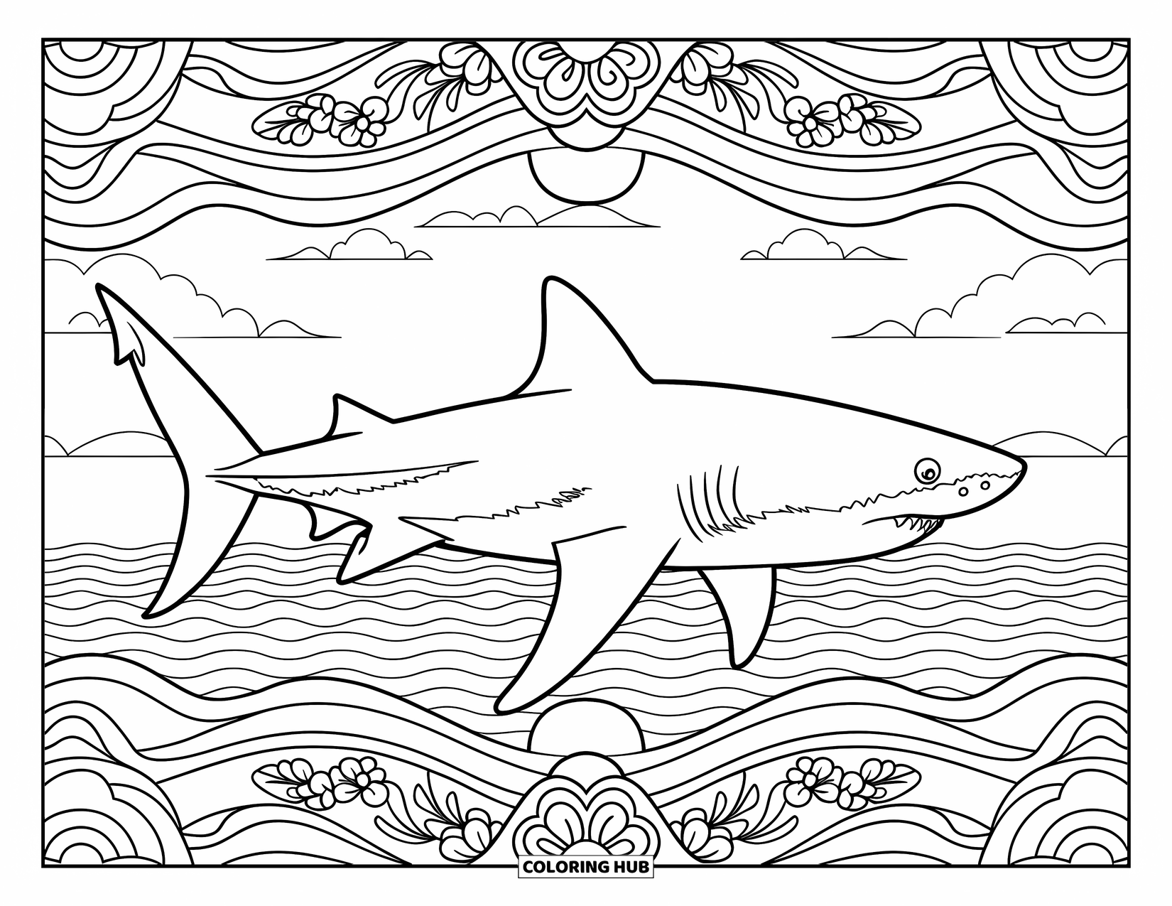 Tiger Shark Coloring Page for Adults: Tiger shark framed by waves and florals over a calm sea and cloudy sky