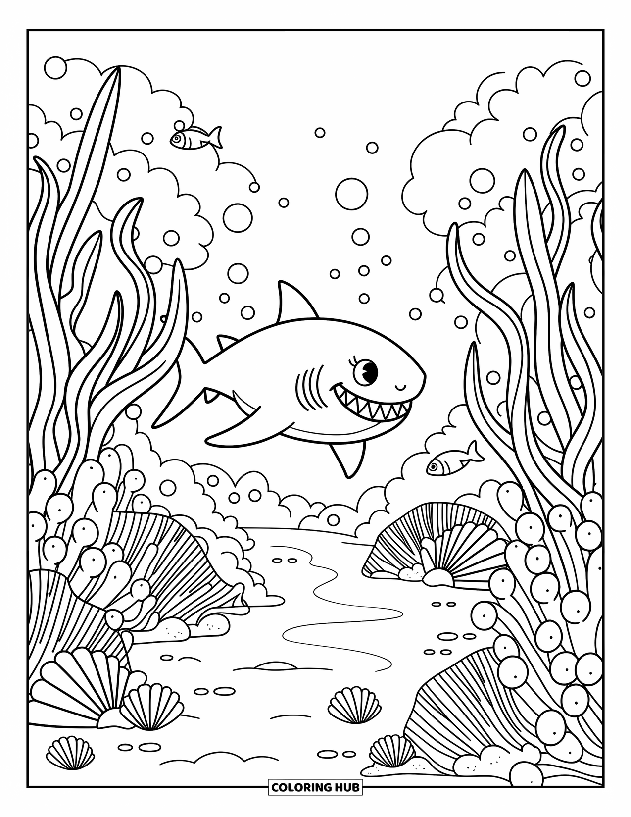 Tiger Shark Coloring Page for Adults: Tiger shark gliding through coral with swaying seaweed and playful fish