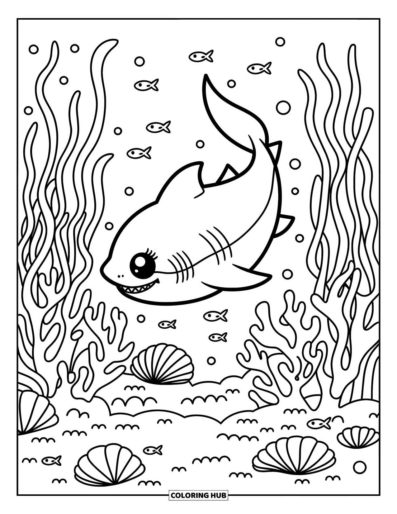 Tiger Shark Coloring Page for Adults: Tiger shark in a coral garden with seaweed, shells, and small fish