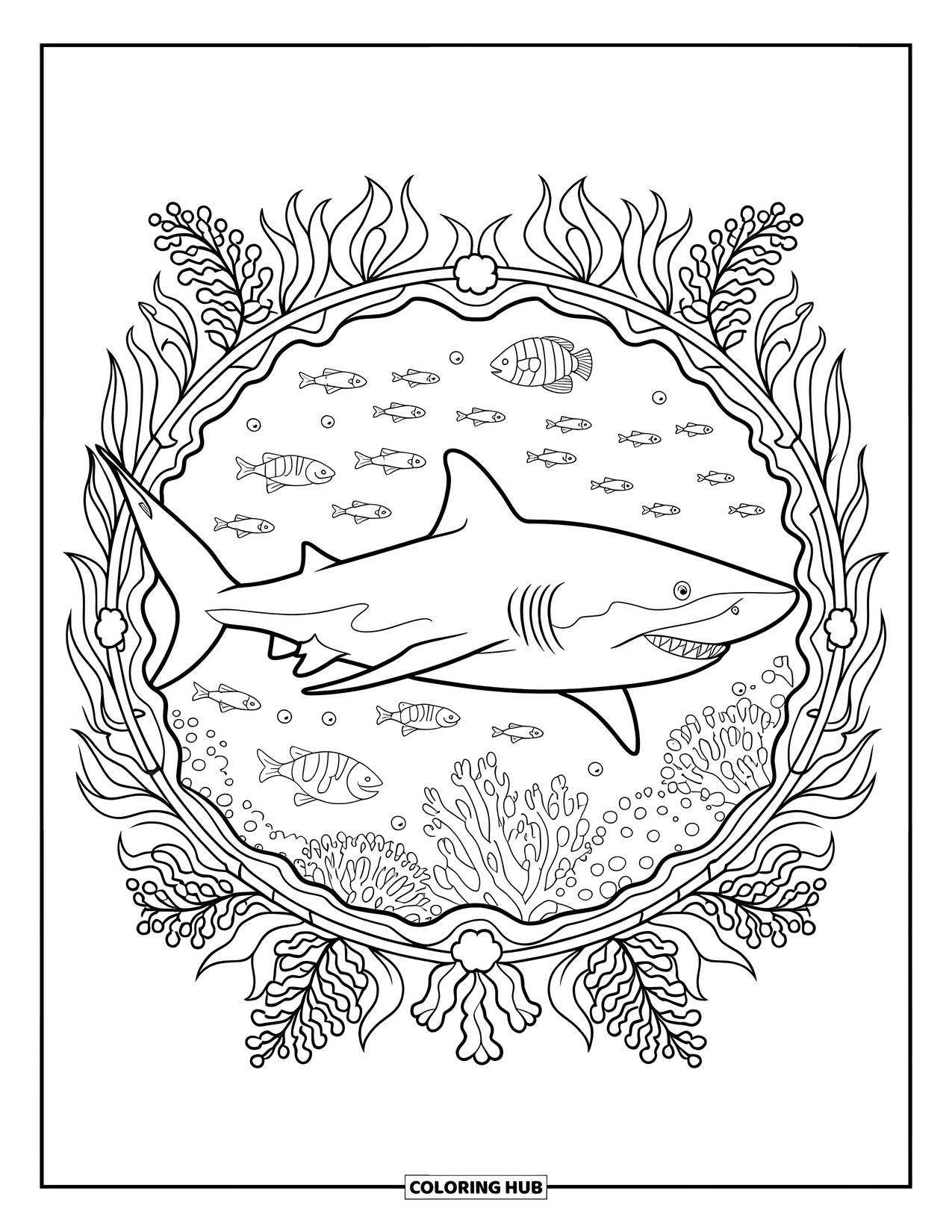 Tiger Shark Coloring Page for Adults: Tiger shark in botanical mandala of seaweed and flowers with sea creatures