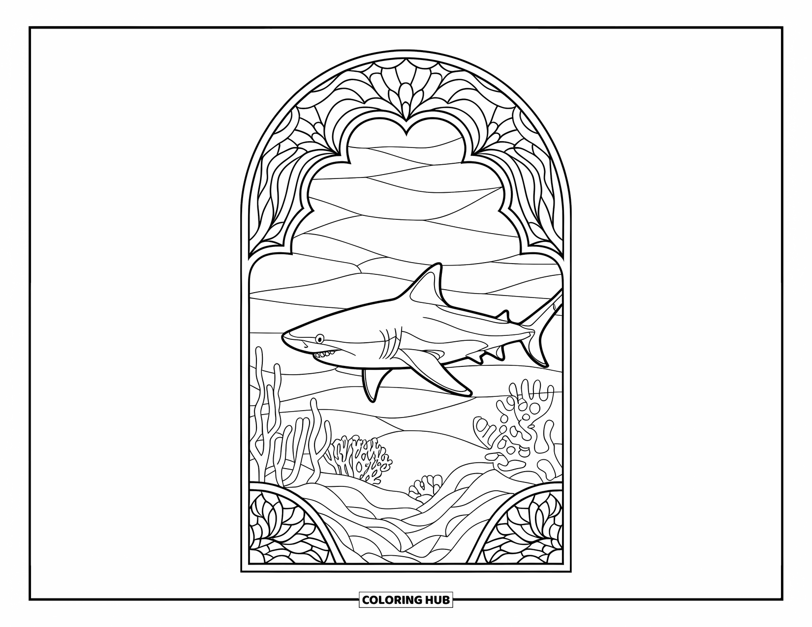 Tiger Shark Coloring Page for Adults: Tiger shark inside a stained glass coral arch with marine life in the background