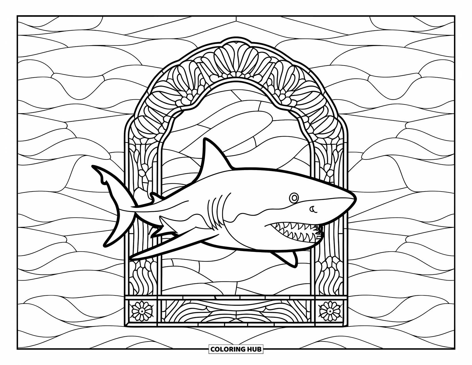 Tiger Shark Coloring Page for Adults: Tiger shark inside a stained glass coral reef arch with intricate patterns