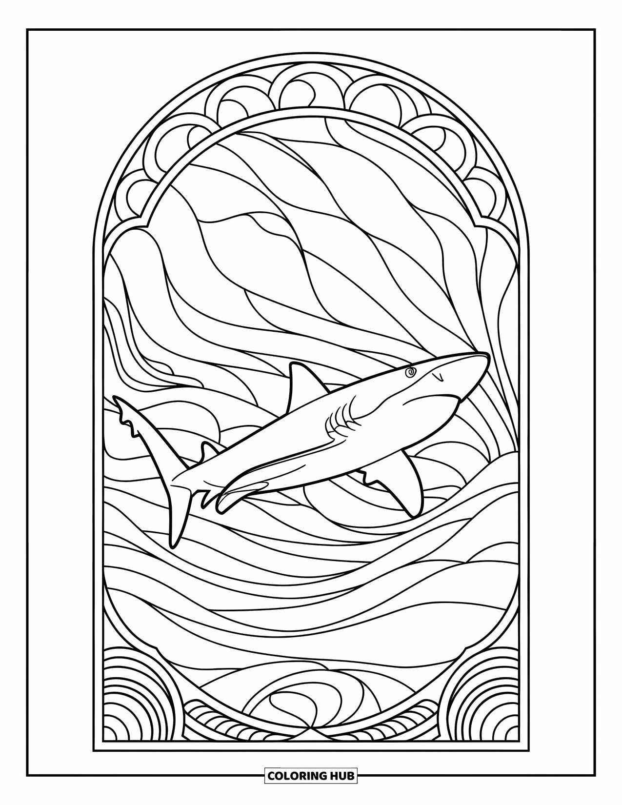 Tiger Shark Coloring Page for Adults: Tiger shark inside intricate stained glass wave design on a white background