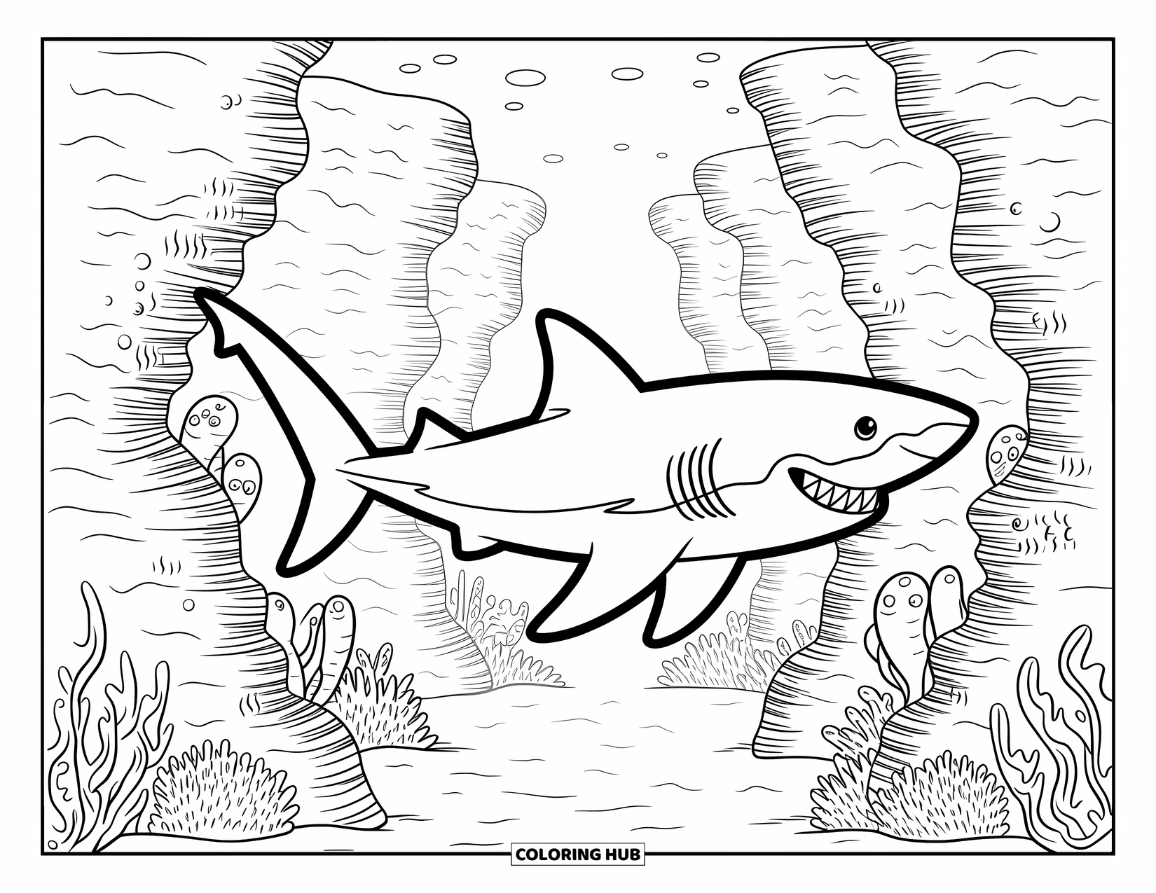 Tiger Shark Coloring Page for Adults: Tiger shark moving through decorated coral walls with shy octopuses watching