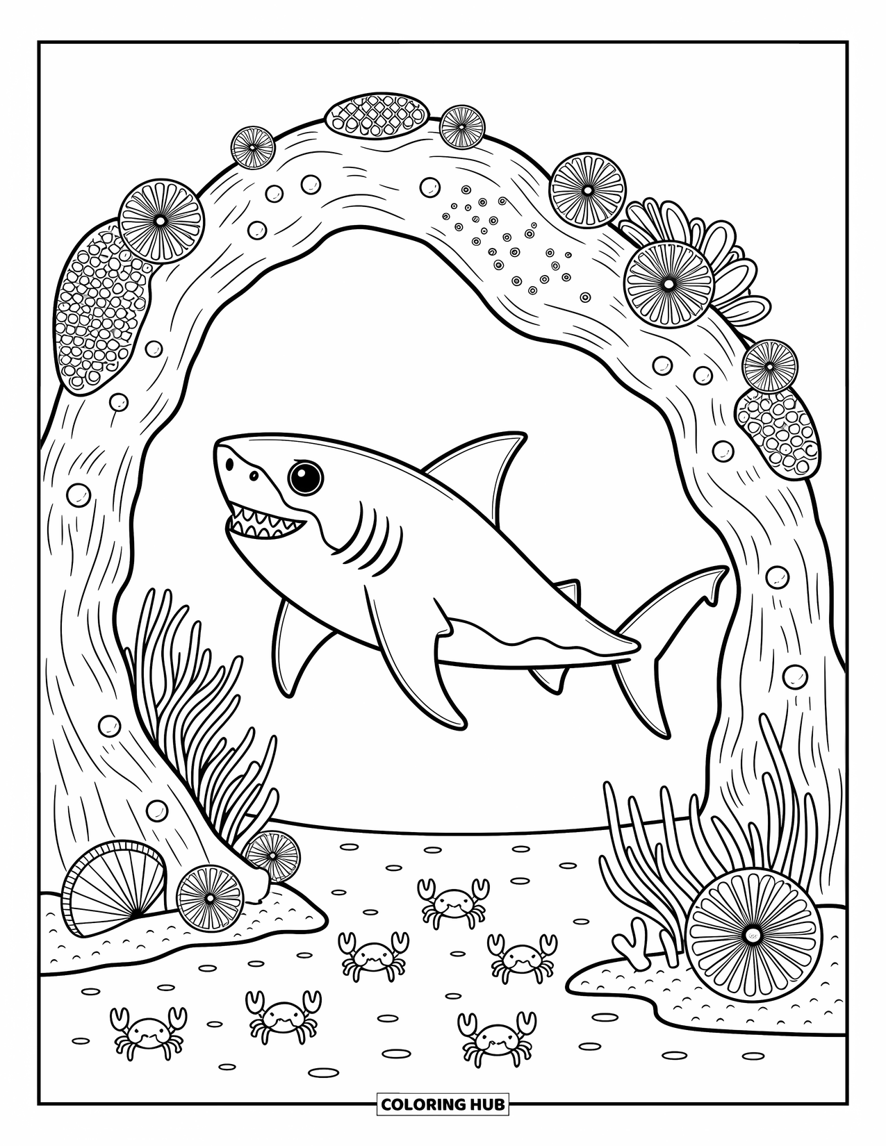 Tiger Shark Coloring Page for Adults: Tiger shark near a shell-covered arch with small crabs scurrying across sand