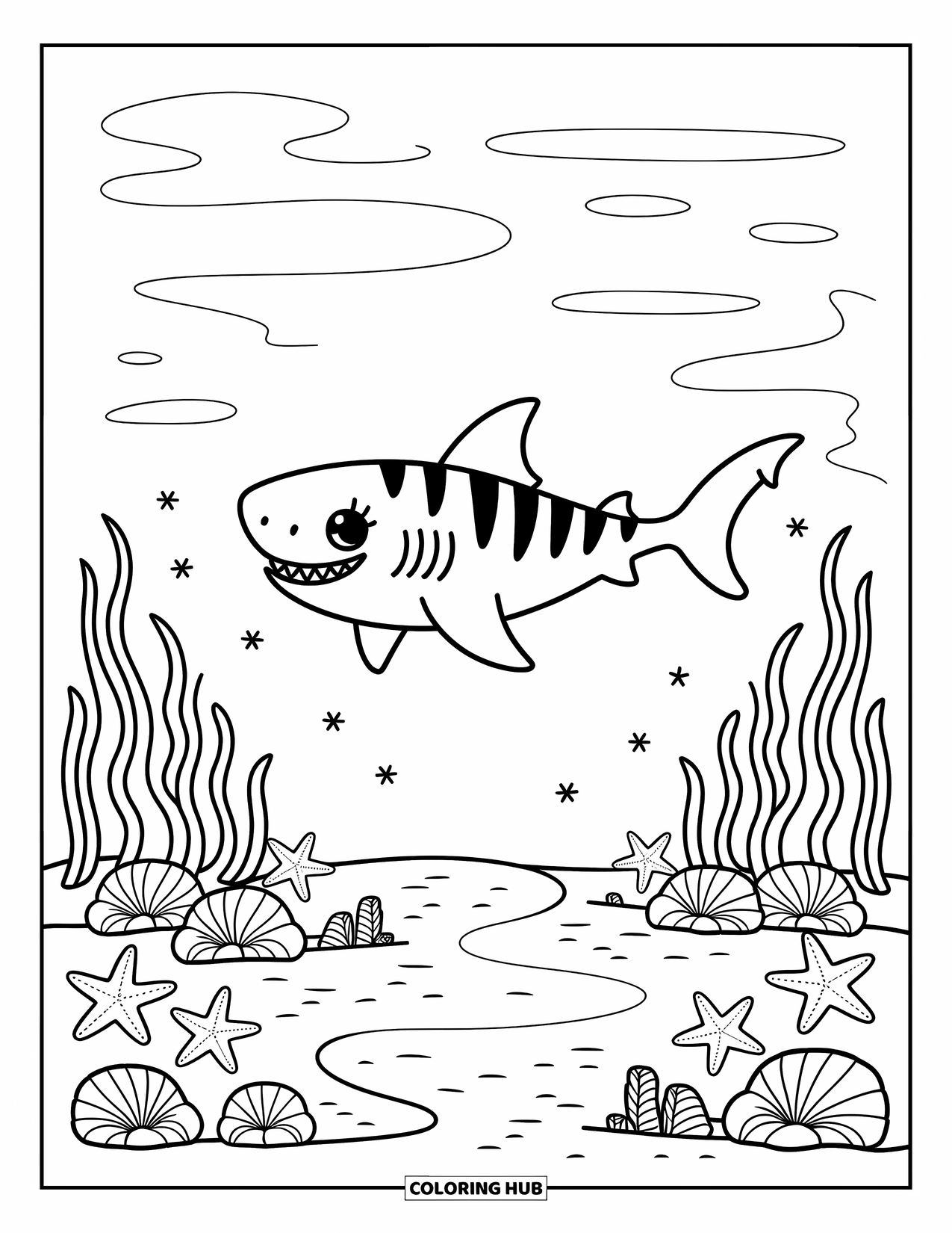 Tiger Shark Coloring Page for Adults: Tiger shark over sandy seabed with starfish, shells, and waving grass