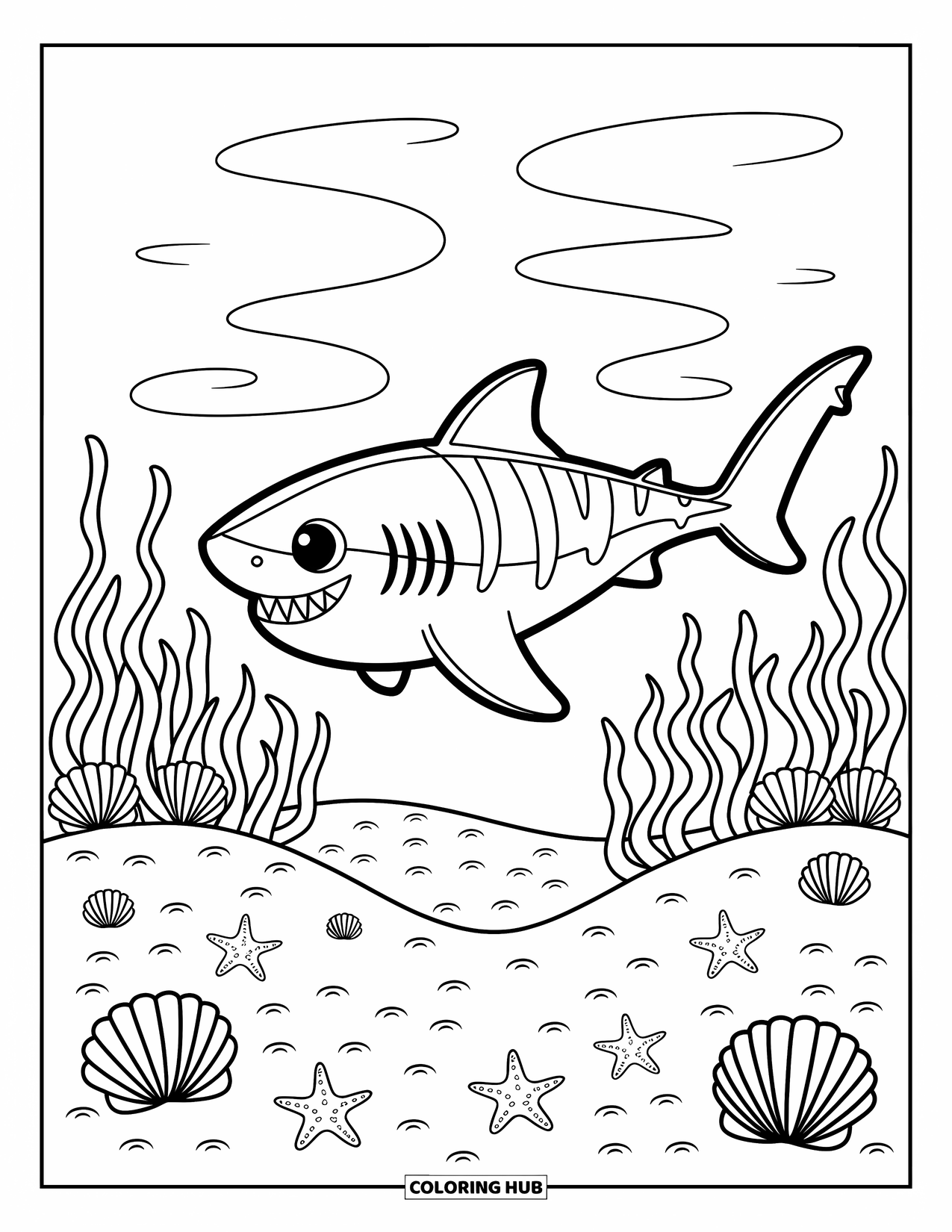 Tiger Shark Coloring Page for Adults: Tiger shark swimming above sandy floor with starfish and shell clusters